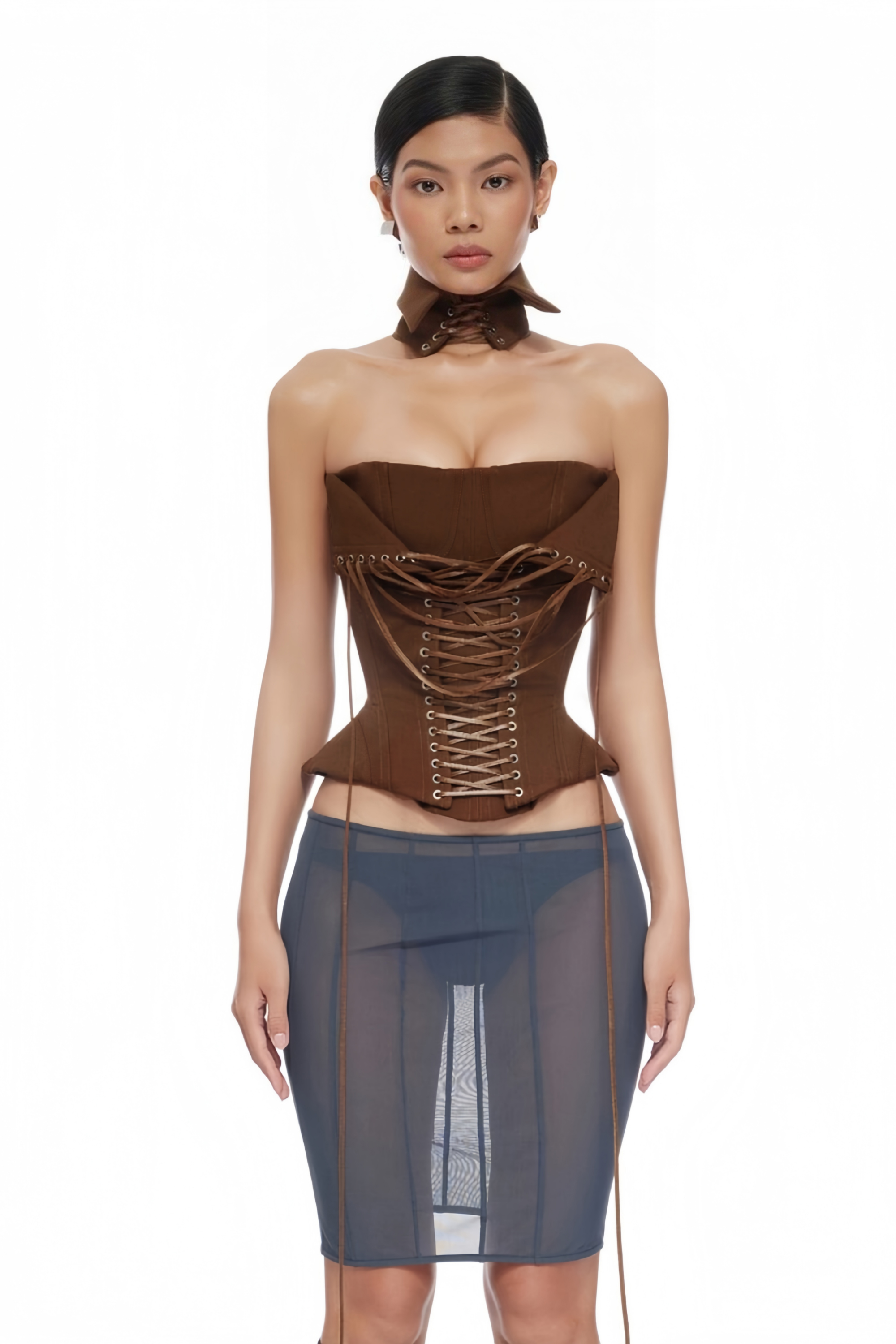 Indre Brown Lace Up Corset Crop Top
