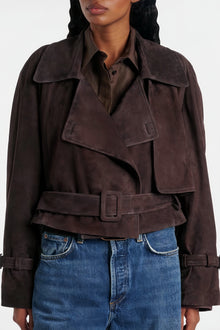 Esperanza Brown Belted Suede Short Biker Jacket