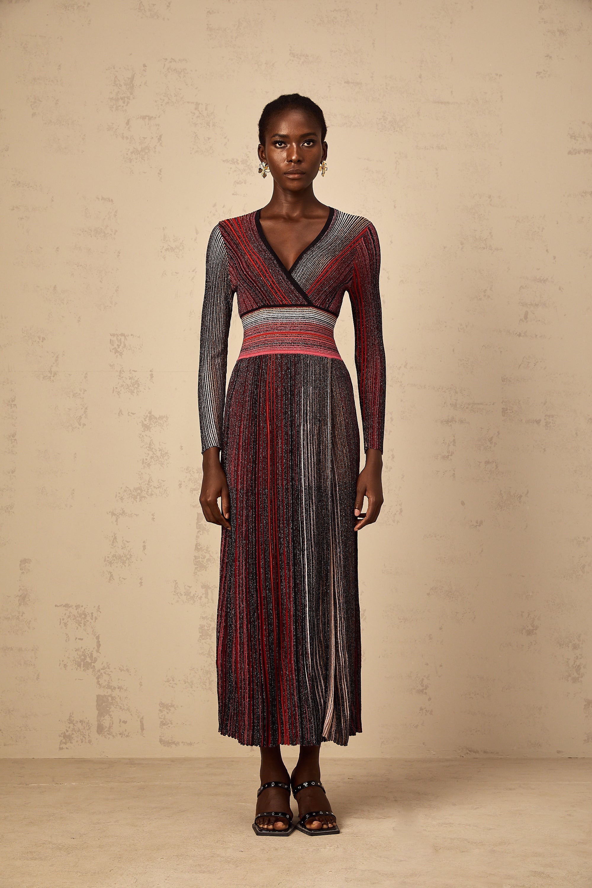 Amaryllis Red Long Sleeve Sequin Striped Knit Maxi Dress