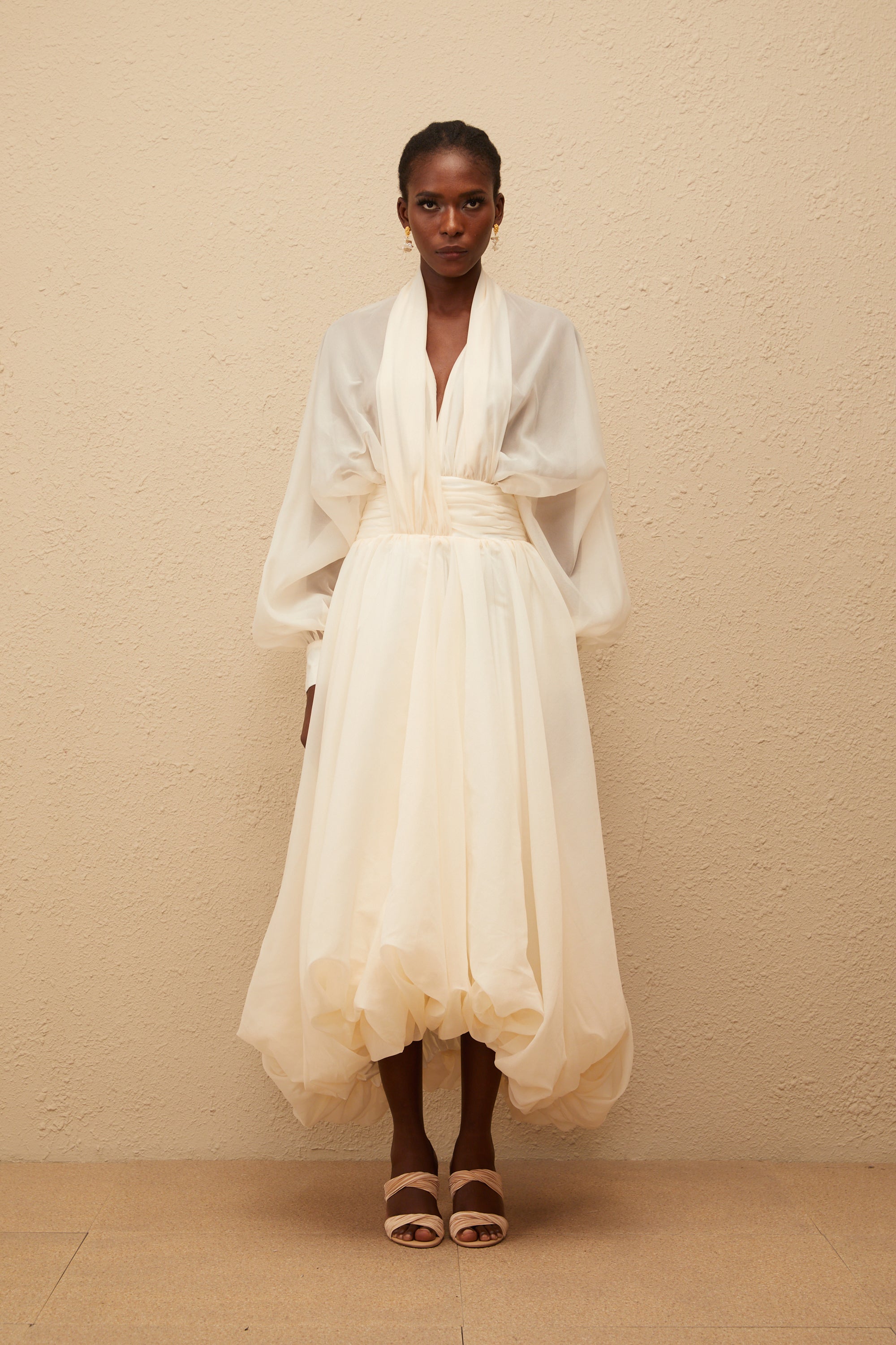 Riley Cream White Draped Tulle Maxi Dress