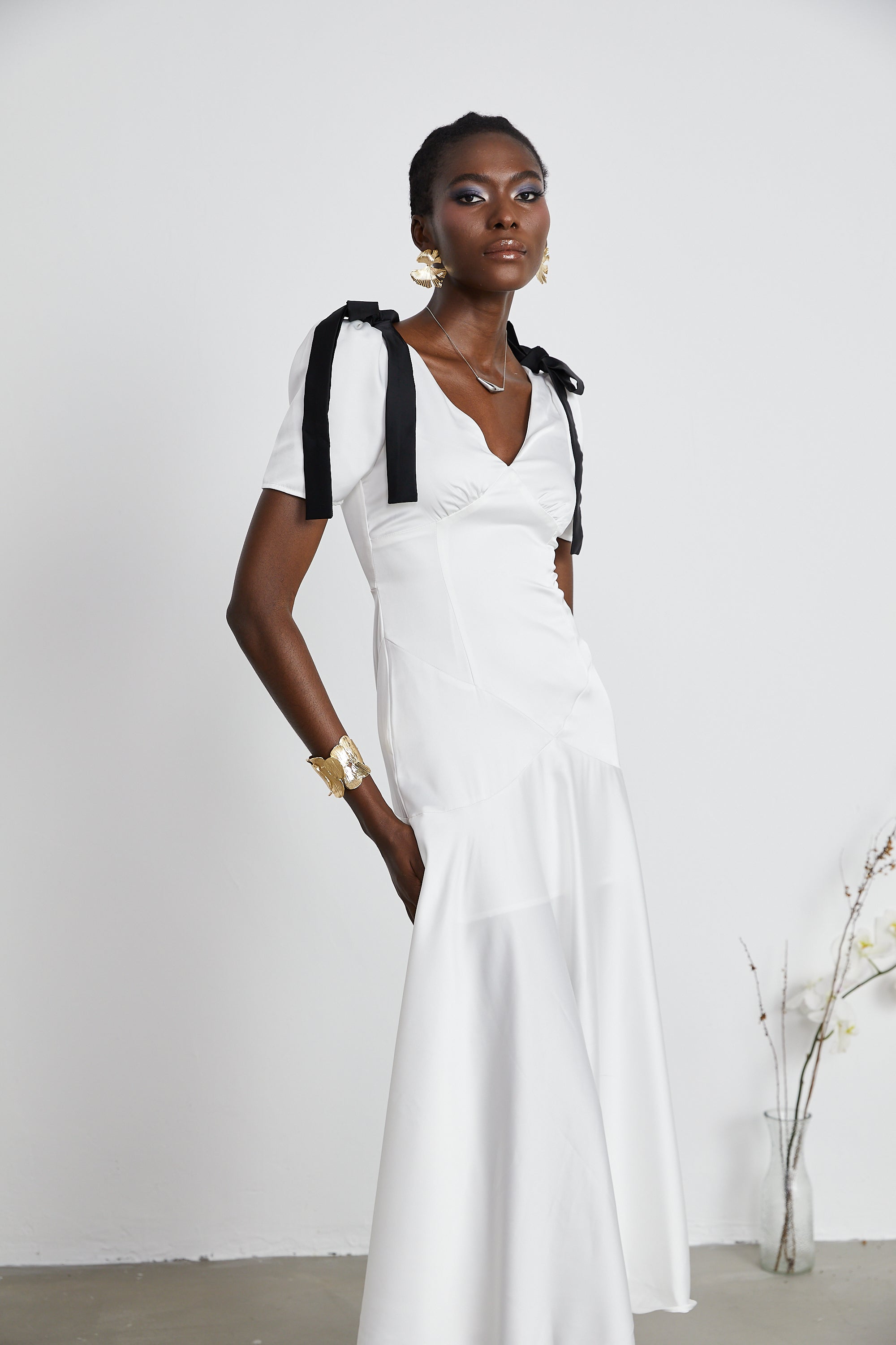 Cyrielle ribbon-detail puff-sleeve maxi dress