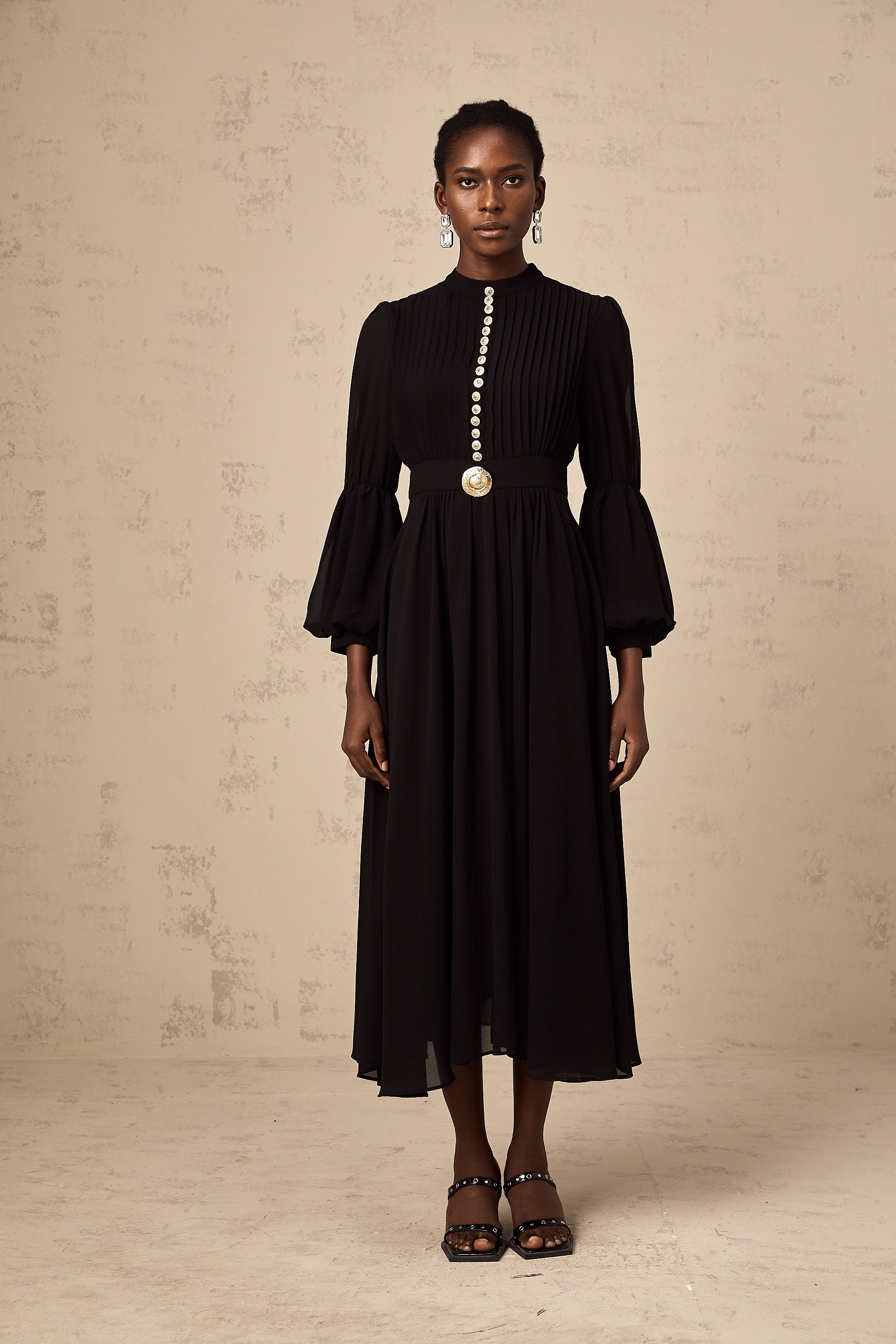 Viviane black pleated button-front midi dress