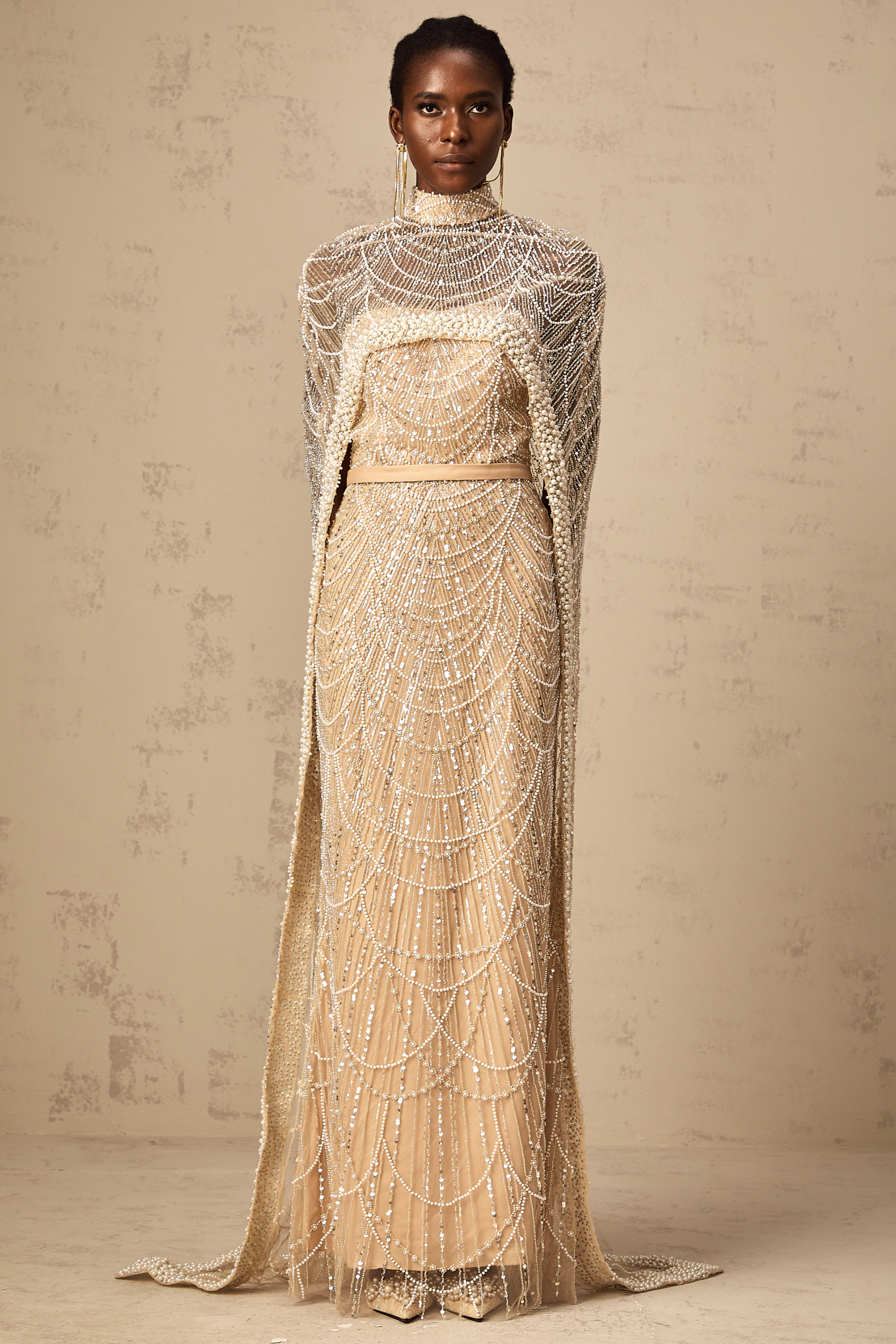 Frederica Champagne Beaded Cape & Gown Matching Set