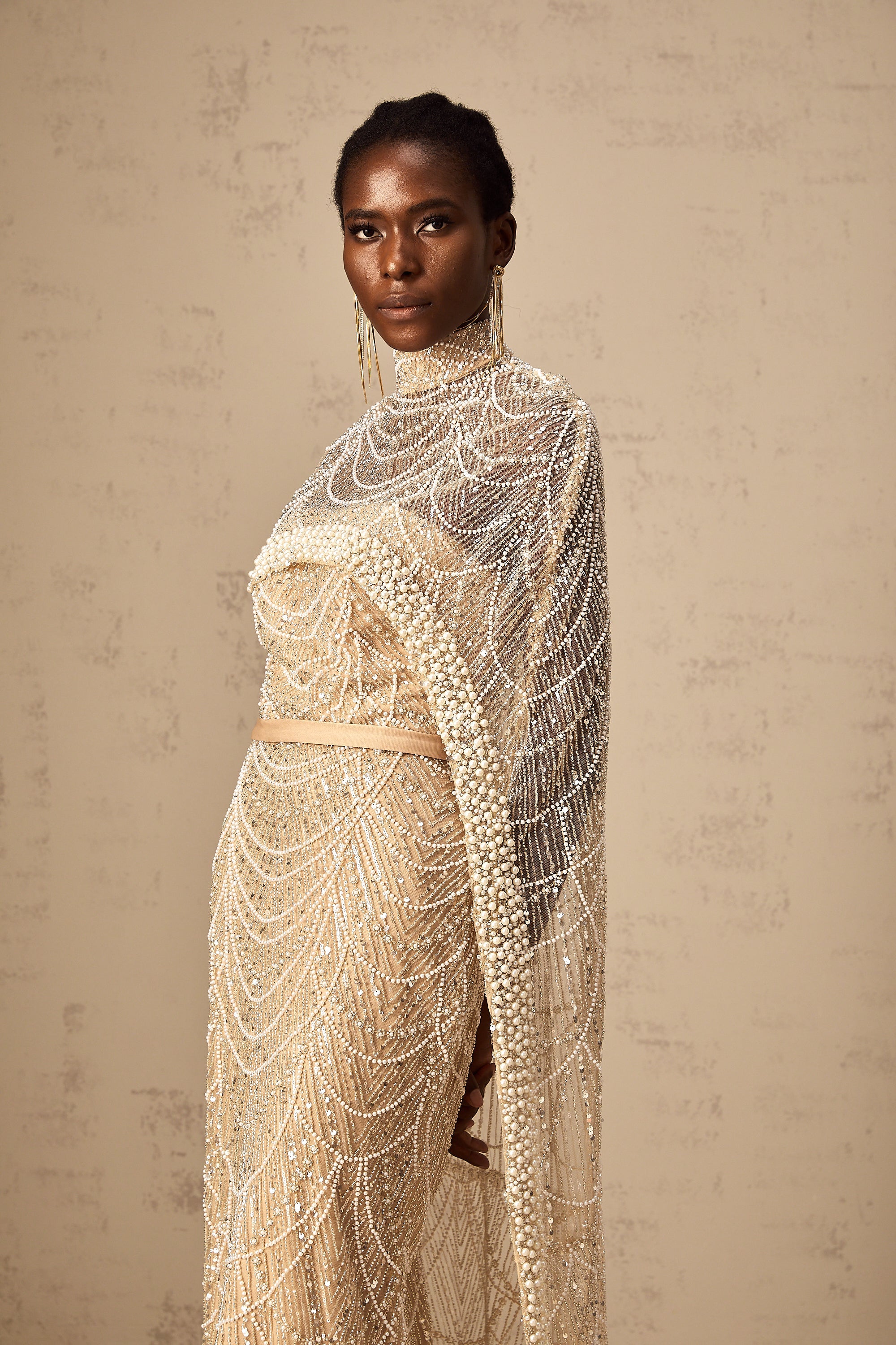 Frederica Champagne Beaded Cape & Gown Matching Set