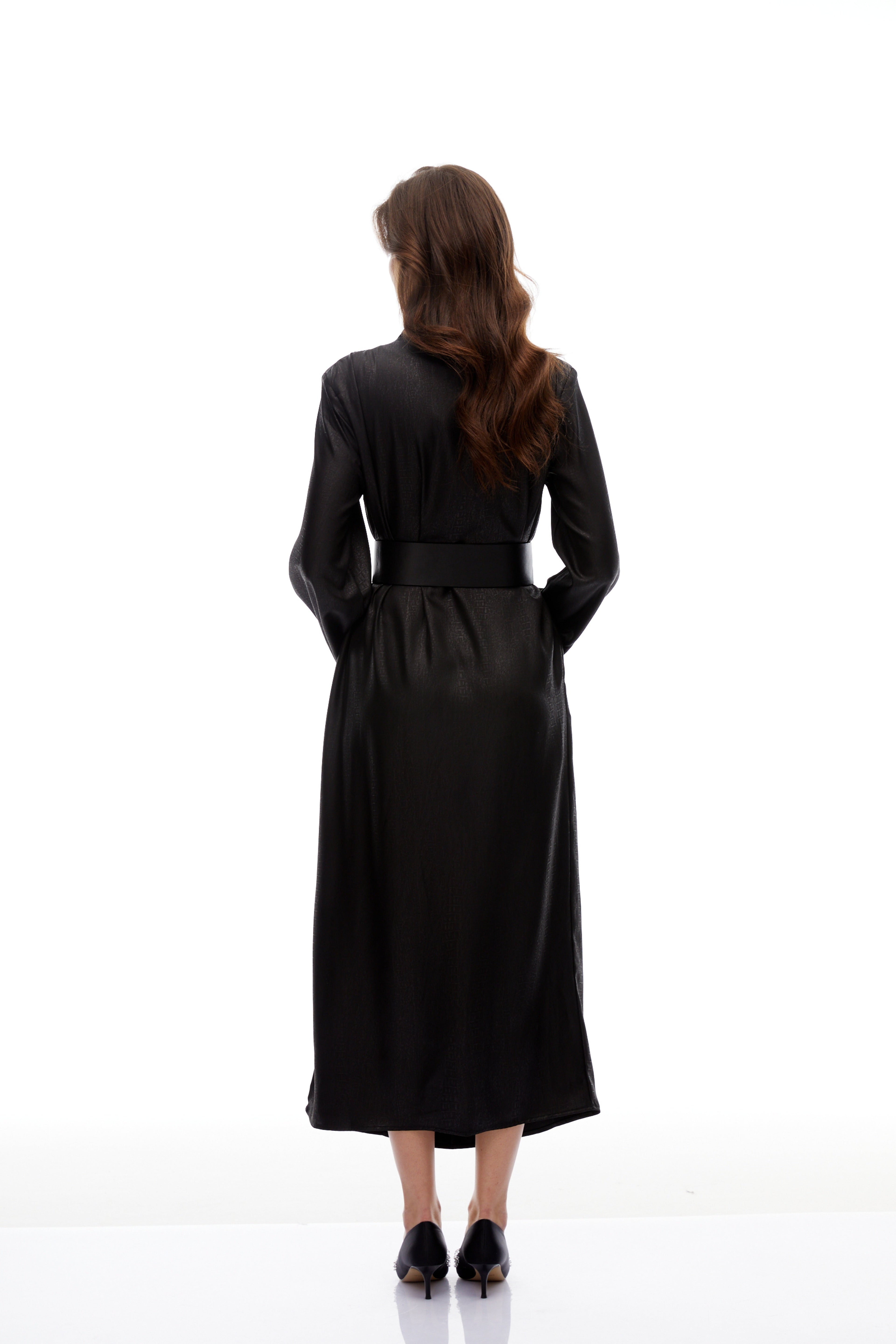 Frederica Black Belted Textured Leather Coat