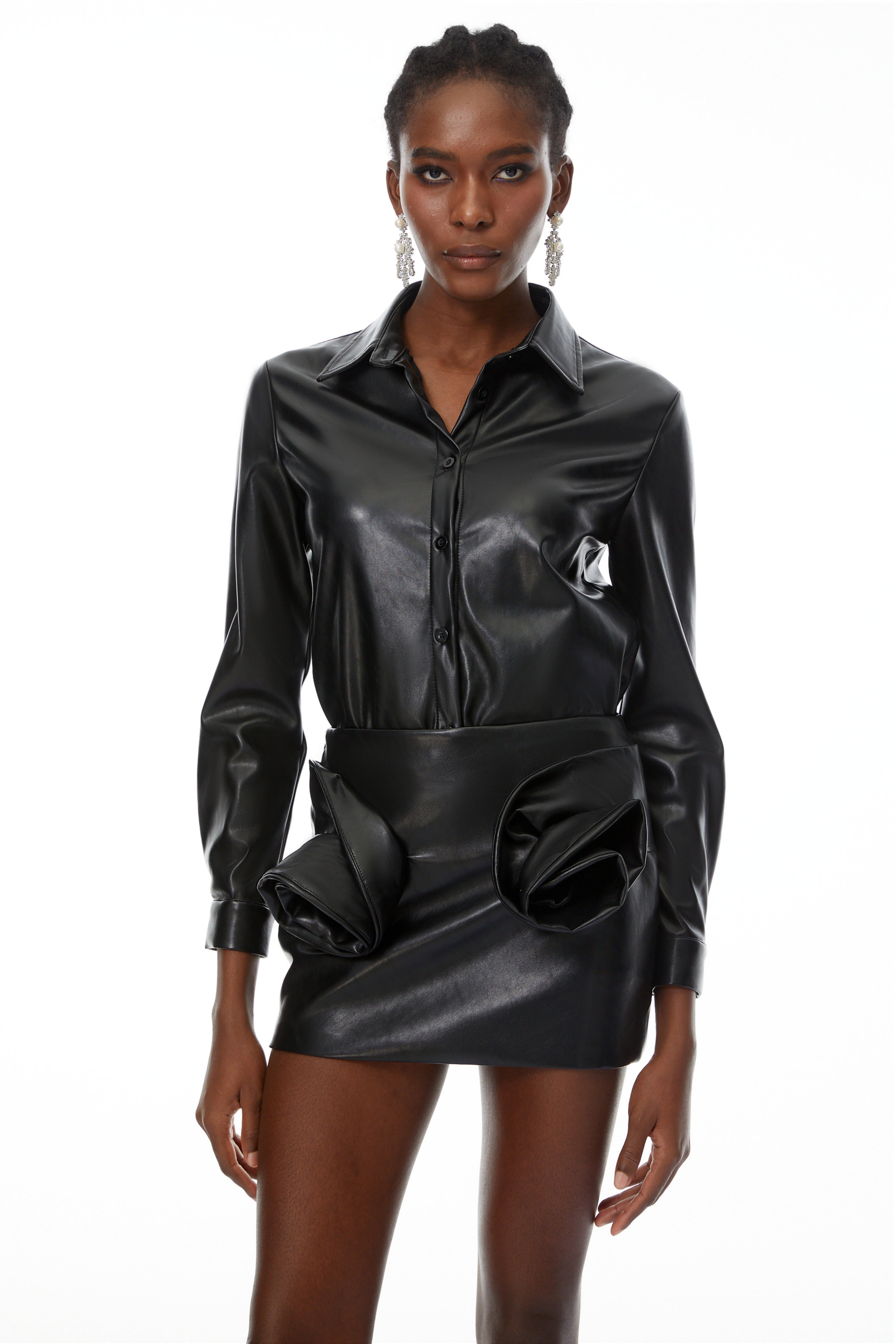 Deborah Black Leather Blouse & 3D Petal Skirt Set
