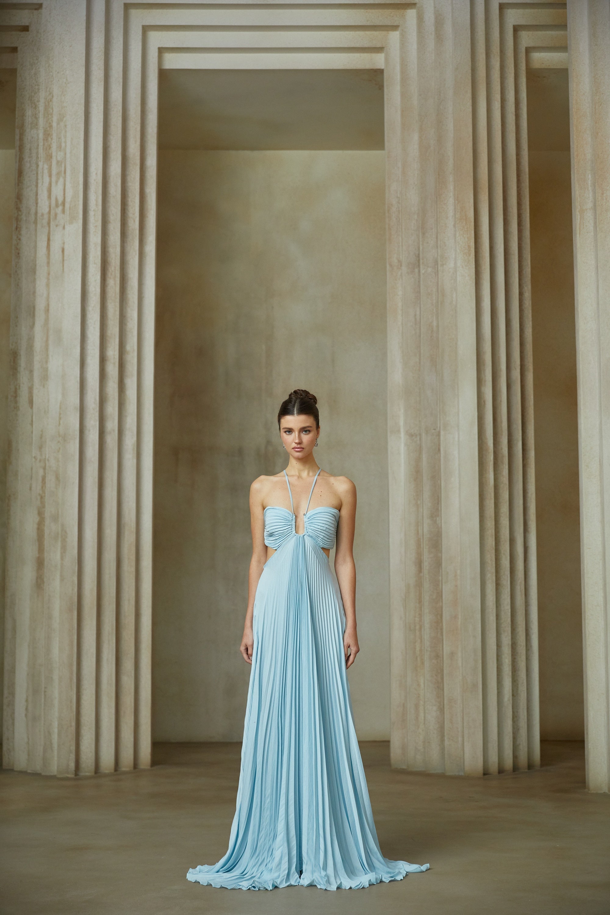 Andréa Blue Pleated Maxi Dress with Cutout Detail