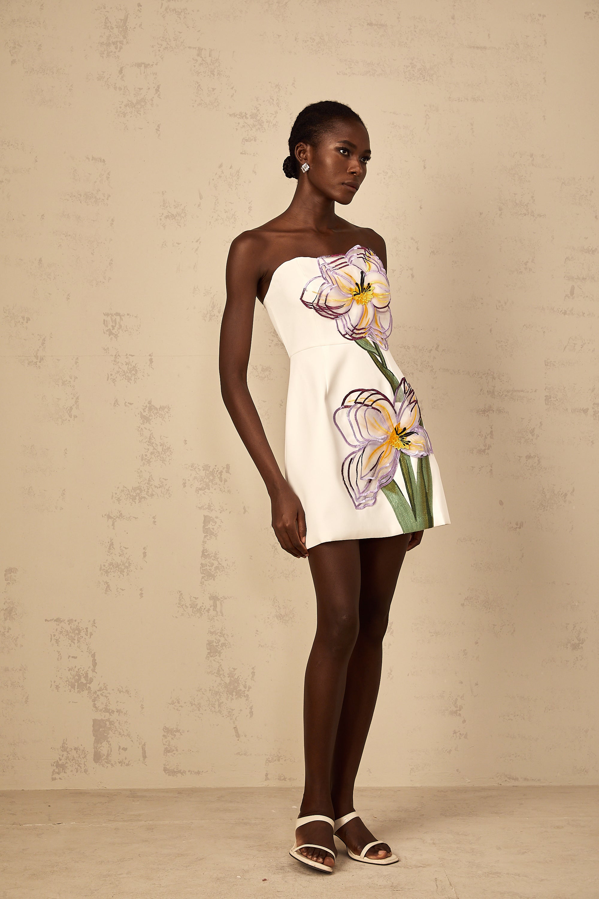 Irène White Off-Shoulder Sequin Floral Embroidered Mini Dress