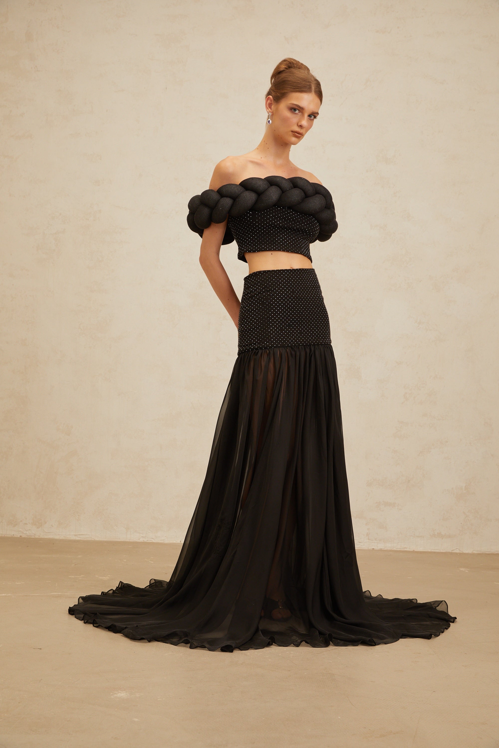 Camille Black Braid-Detail Rhinestone Embellished Crop Top