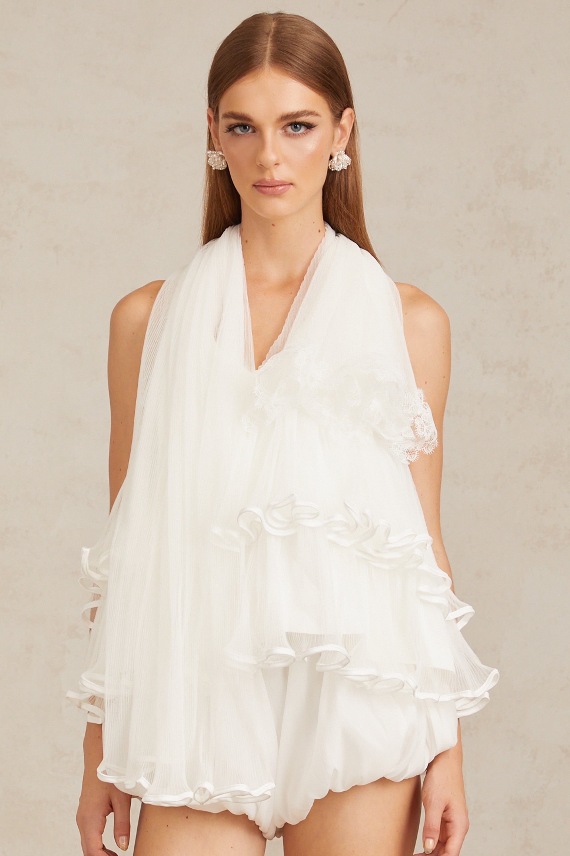 Ella White Ruffled Tulle Top & Shorts Co-ord Set
