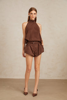Chaney Brown Suede Bubble Hem Top & Shorts Set