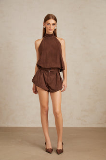 Chaney Brown Suede Bubble Hem Top & Shorts Set