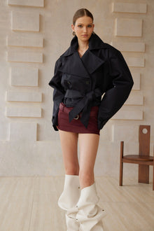 Avril Black Double-Breasted Short Trench Coat