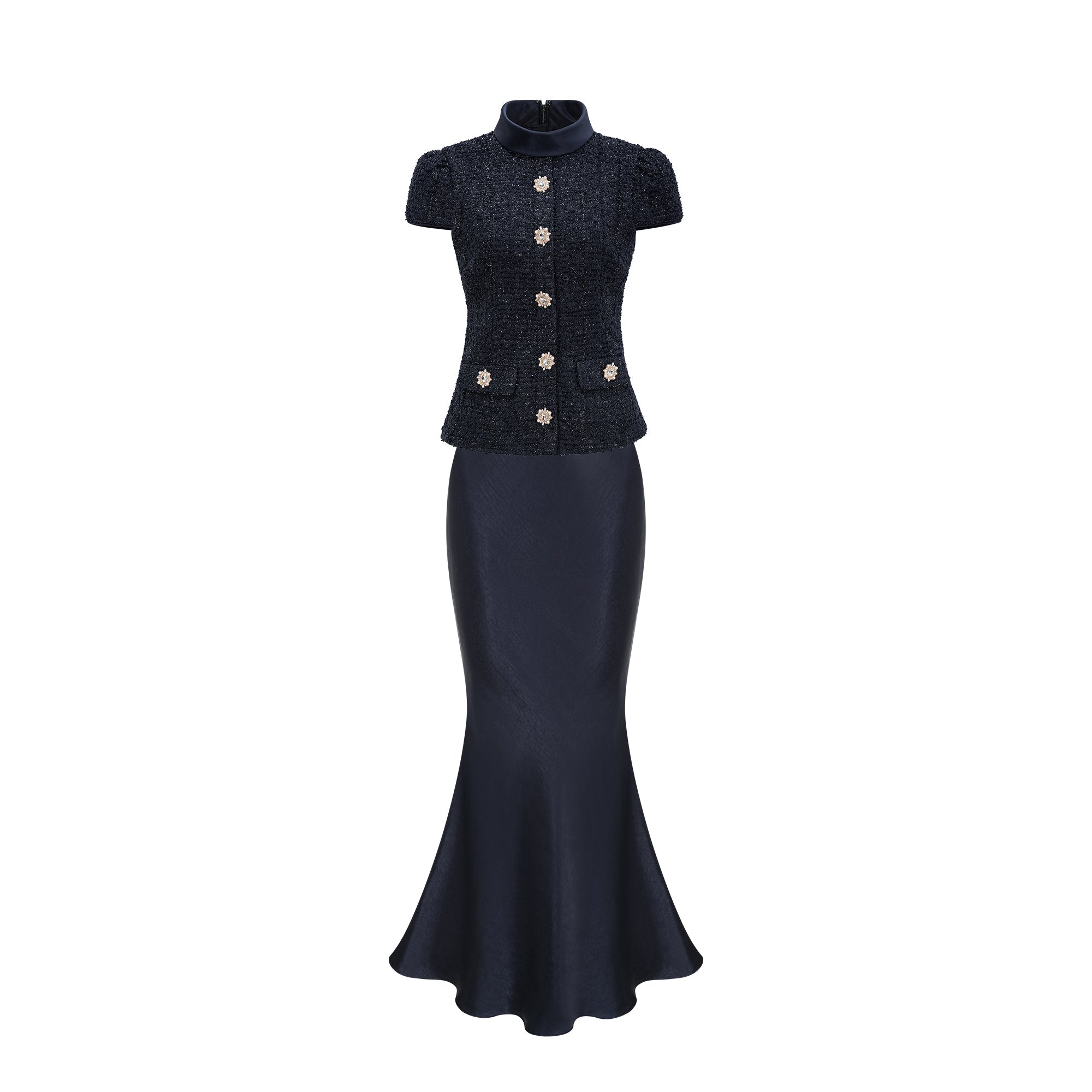 Josette blue peplum-waist panelled maxi dress