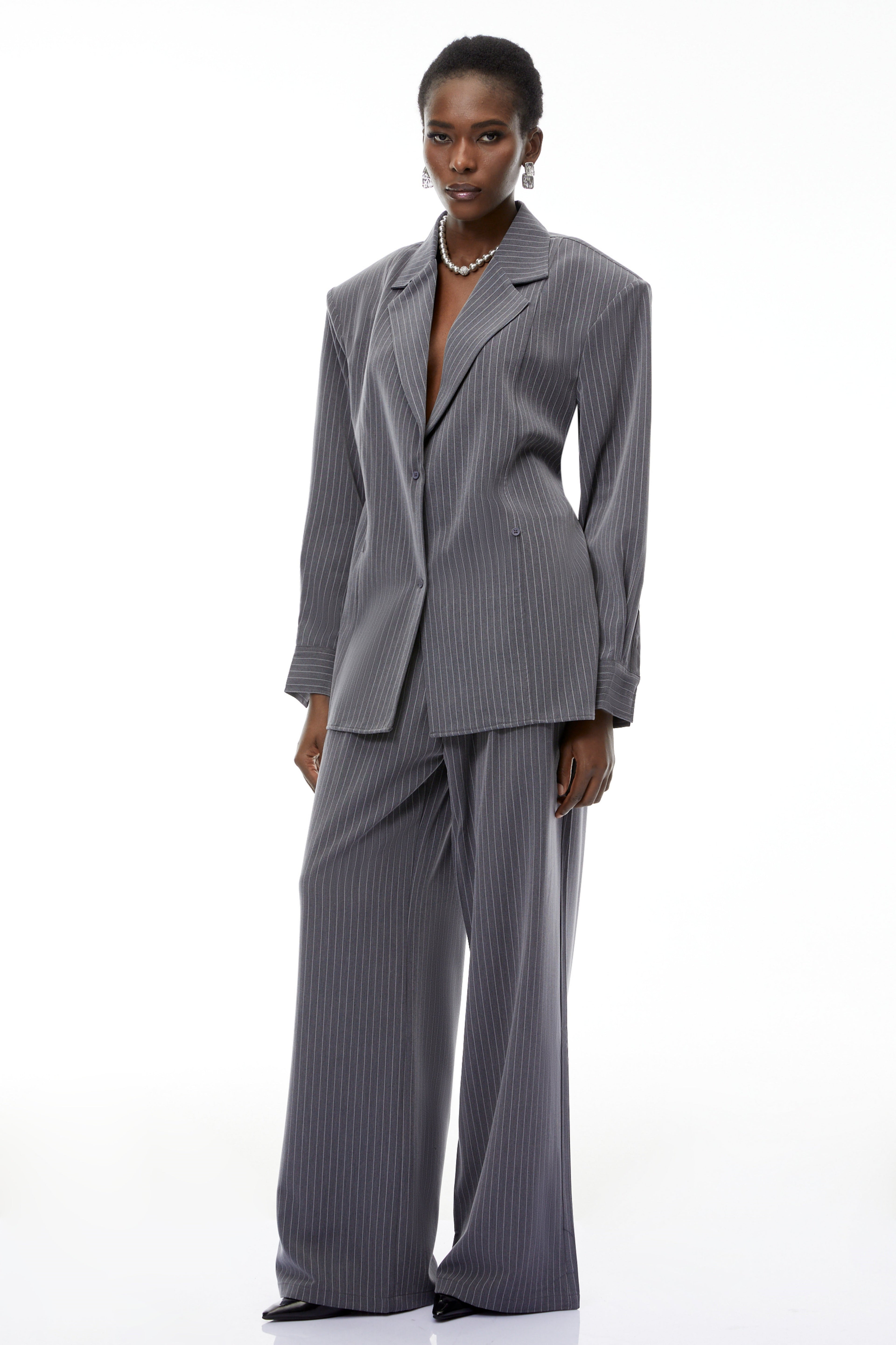 Abigail Grey Vertical Stripe Blazer & Trousers Set