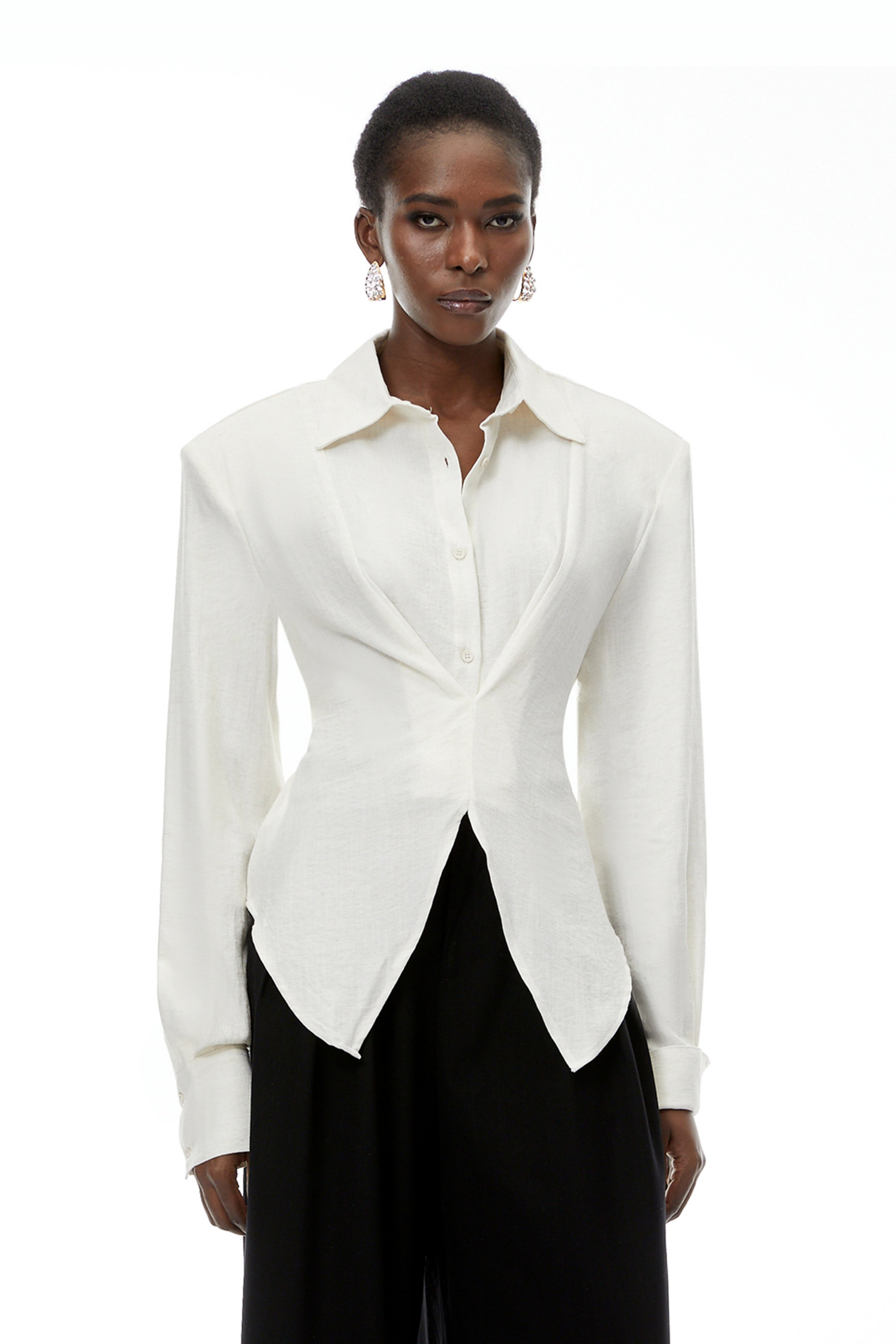 Amber White Plaid Tailored Cutout Blouse