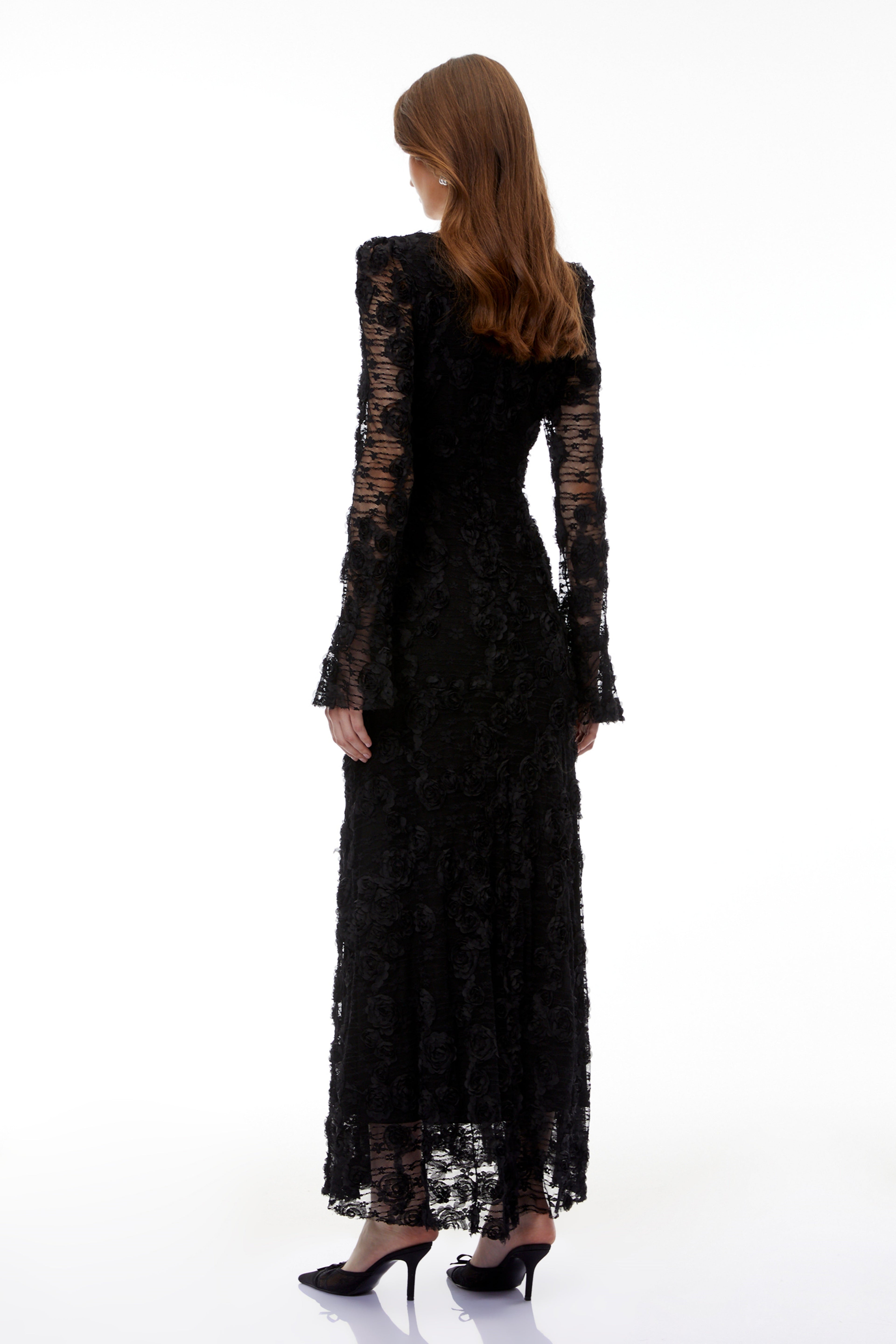 Branwen Black 3D-Floral Embroidered Lace Maxi Dress
