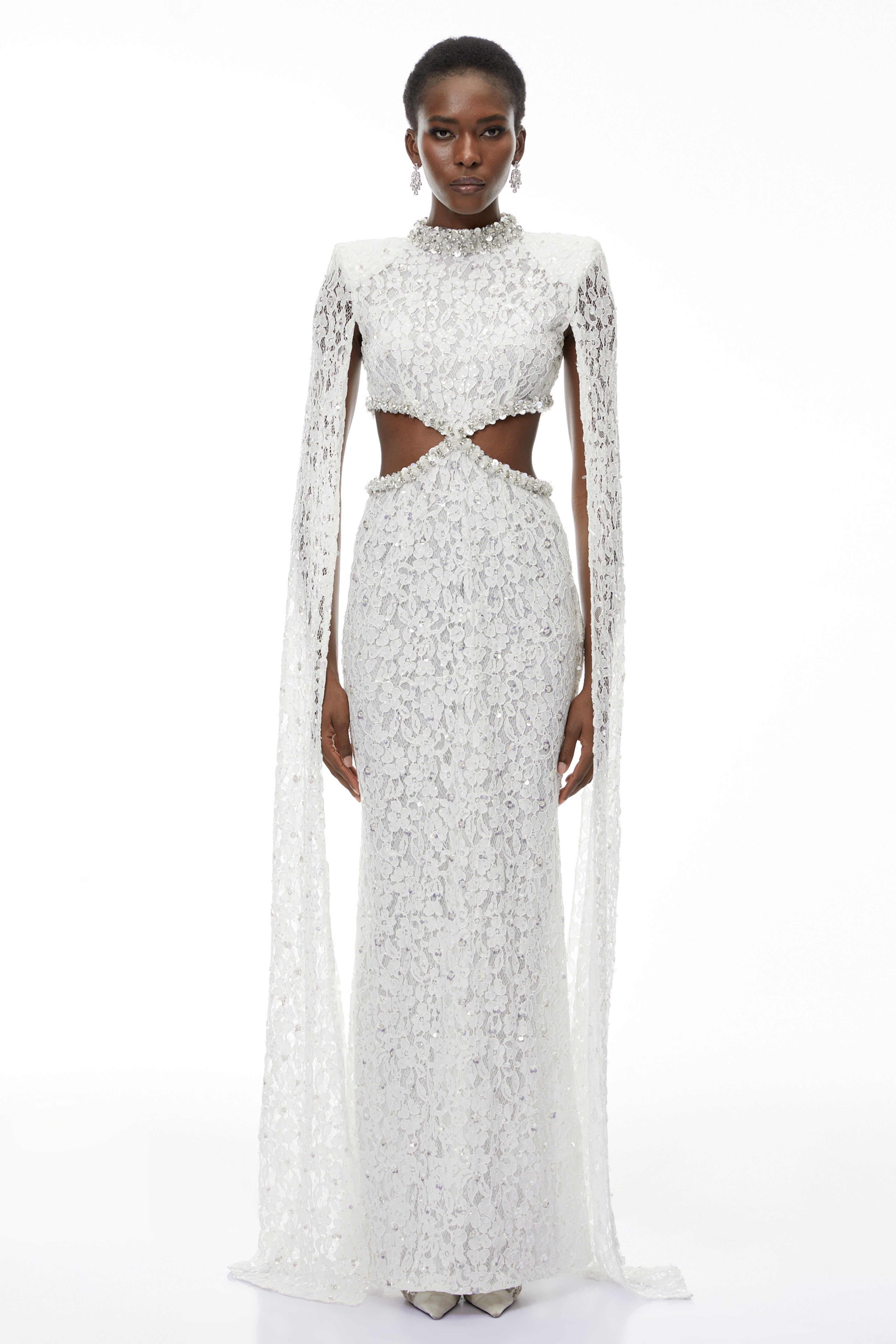Chakame White Embellished Lace Maxi Dress