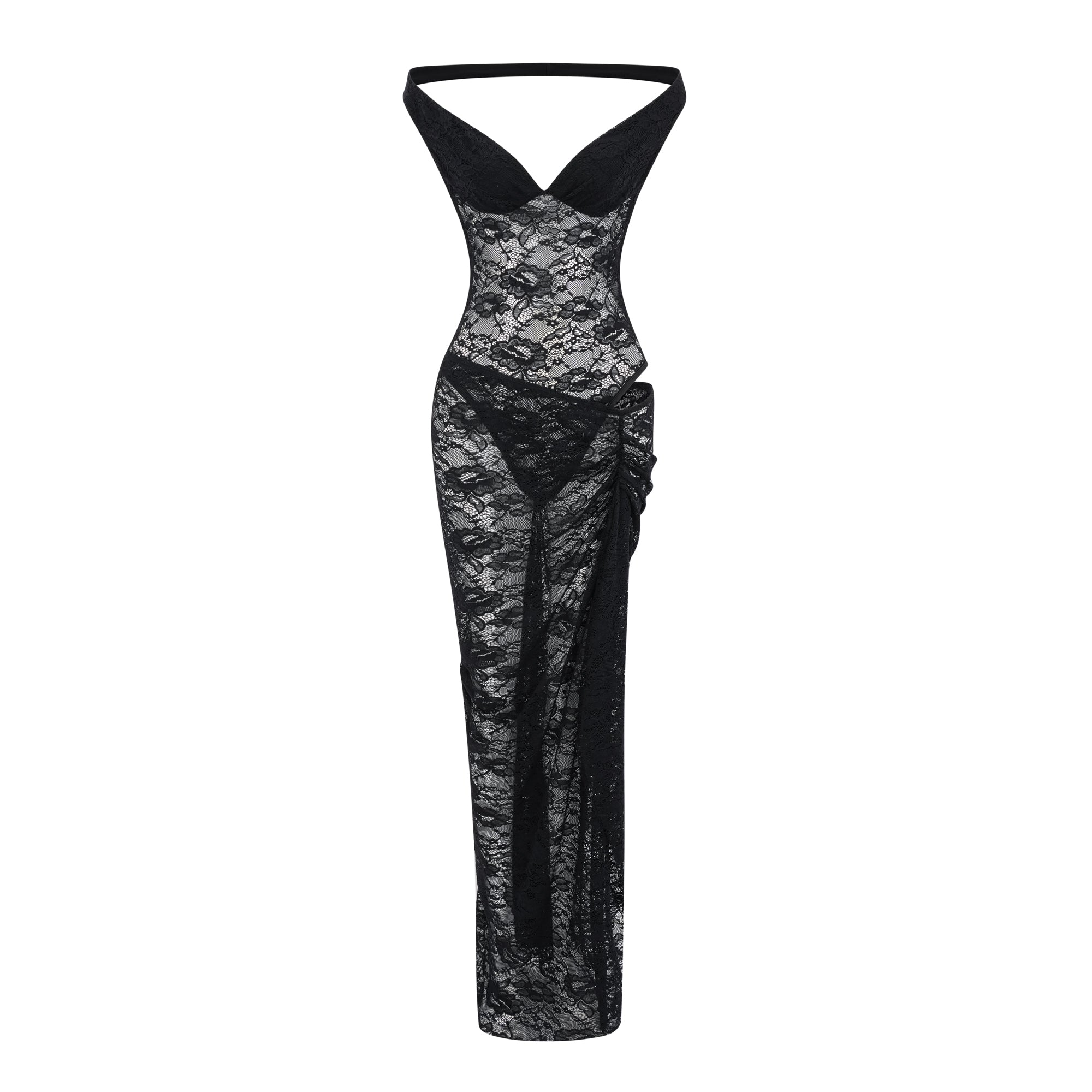 Frida Black Semi-Sheer Lace Bodysuit & Skirt Set