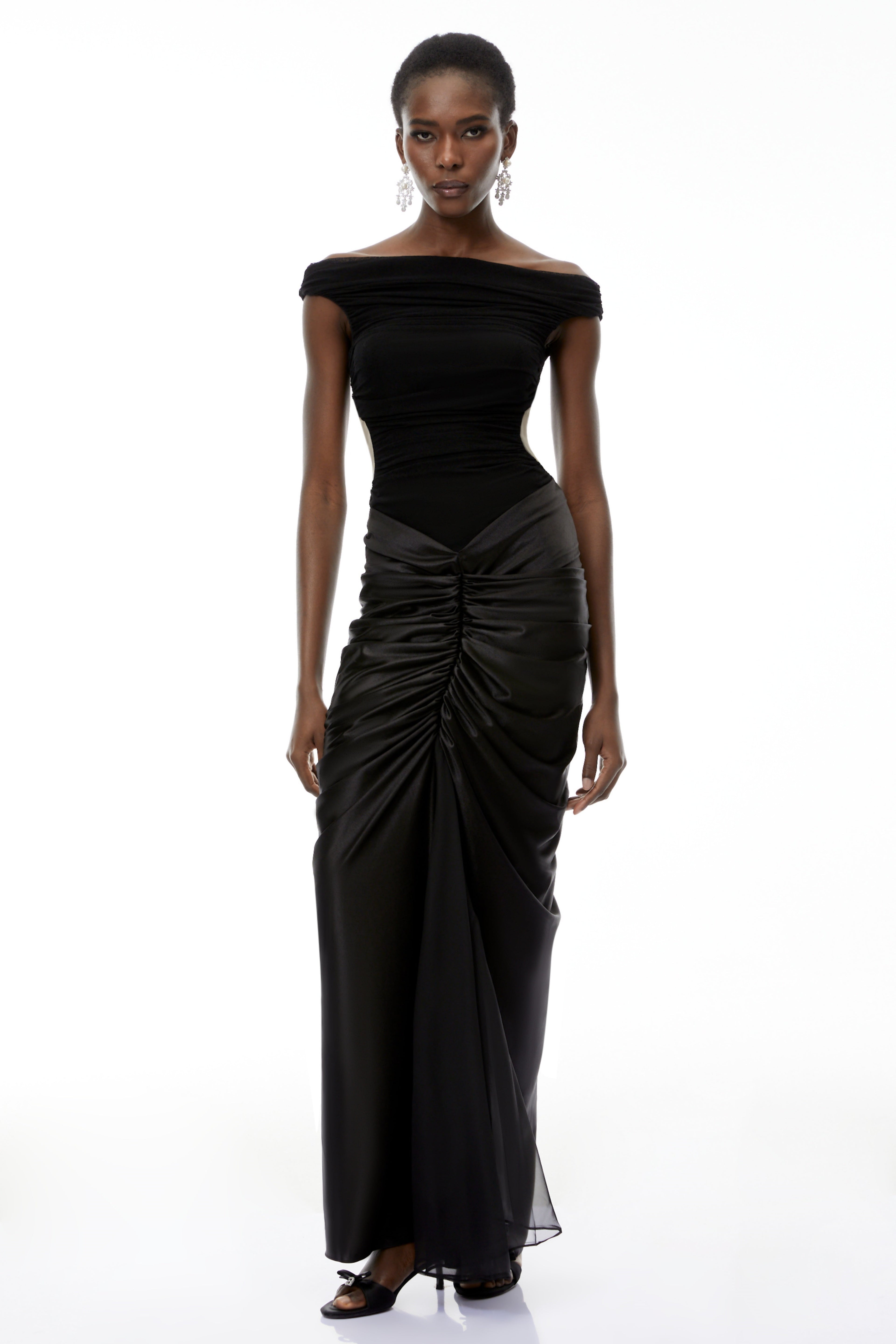 Eden Black Off-Shoulder Ruched Maxi Dress