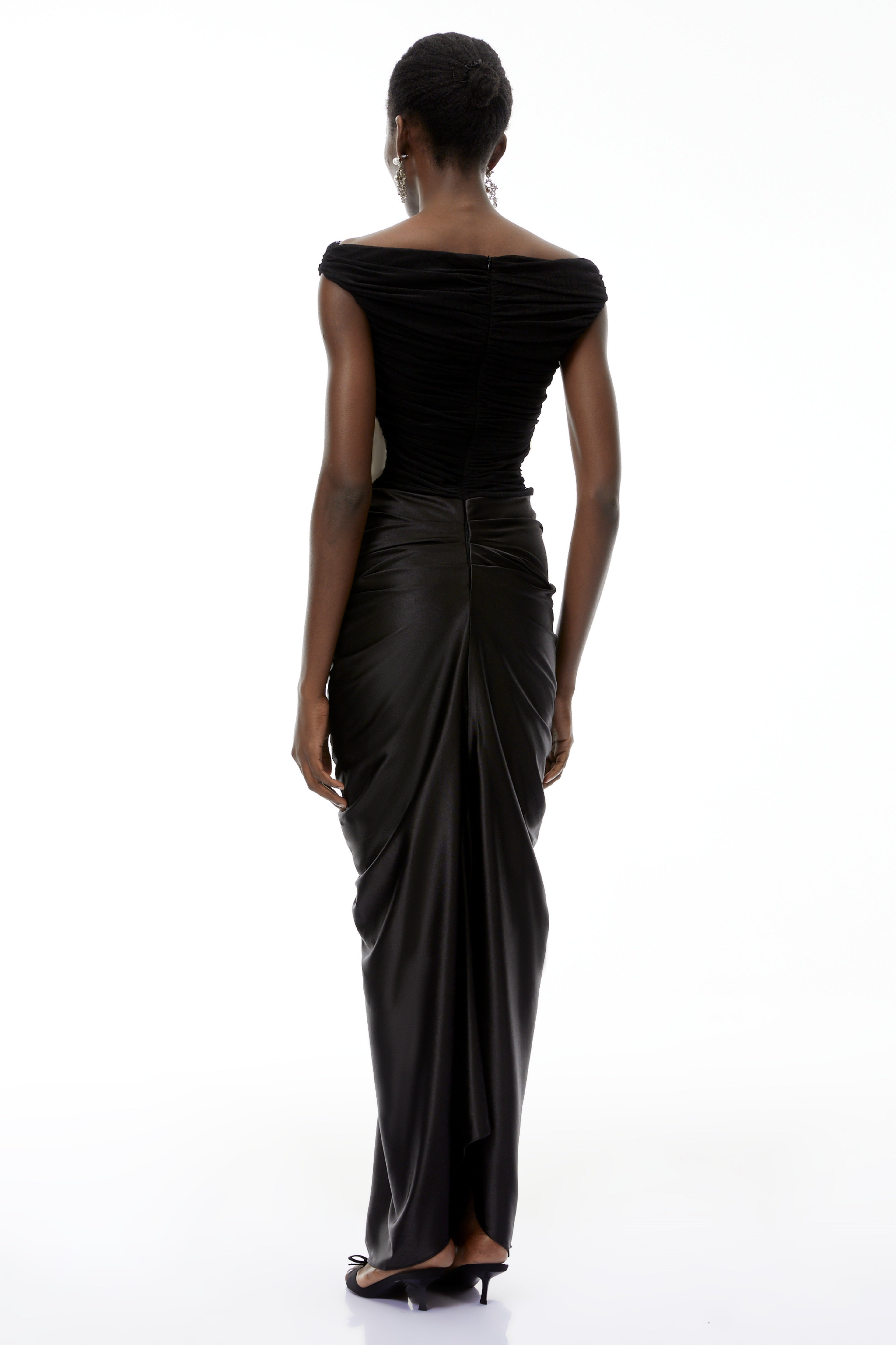 Eden Black Off-Shoulder Ruched Maxi Dress