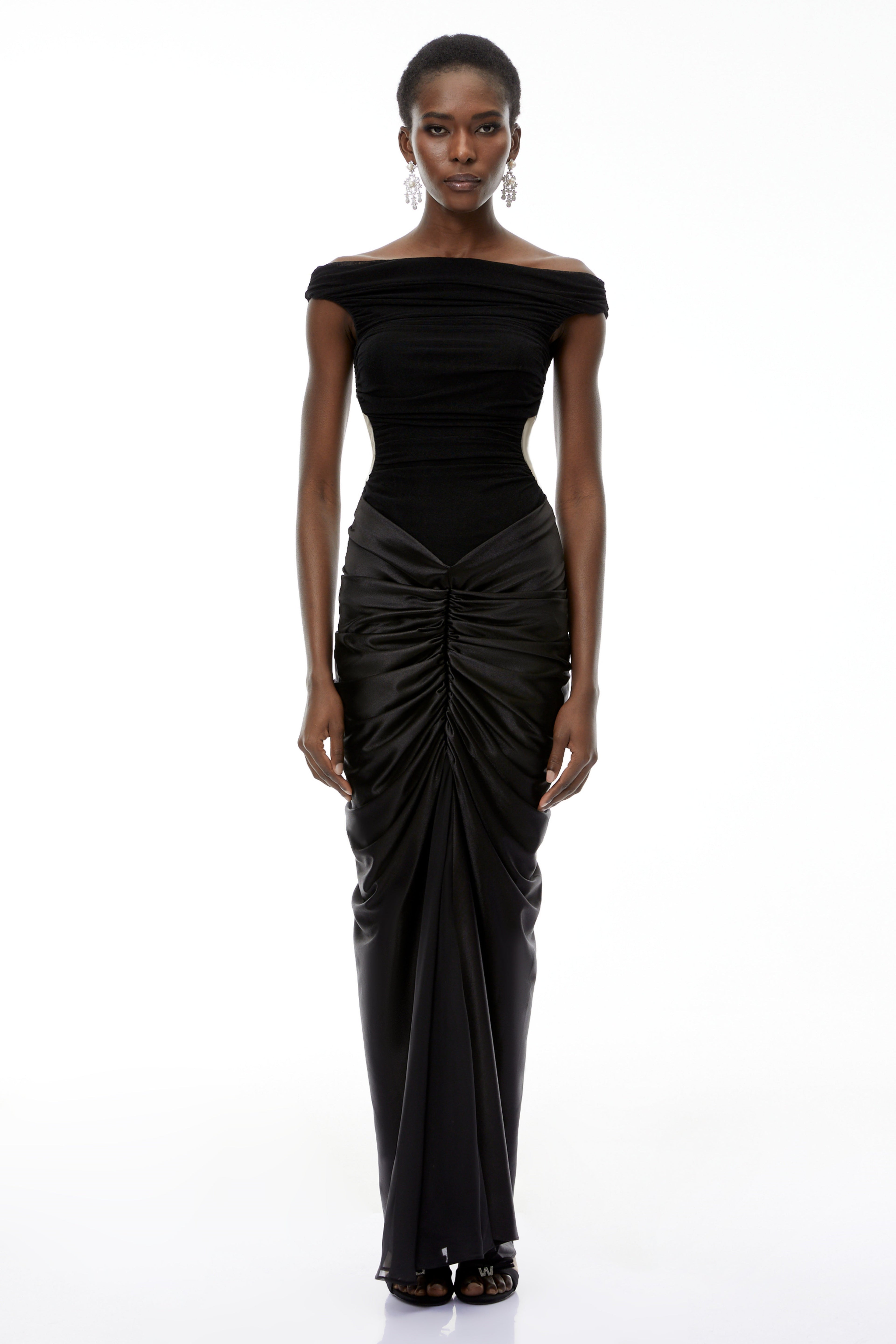 Eden Black Off-Shoulder Ruched Maxi Dress