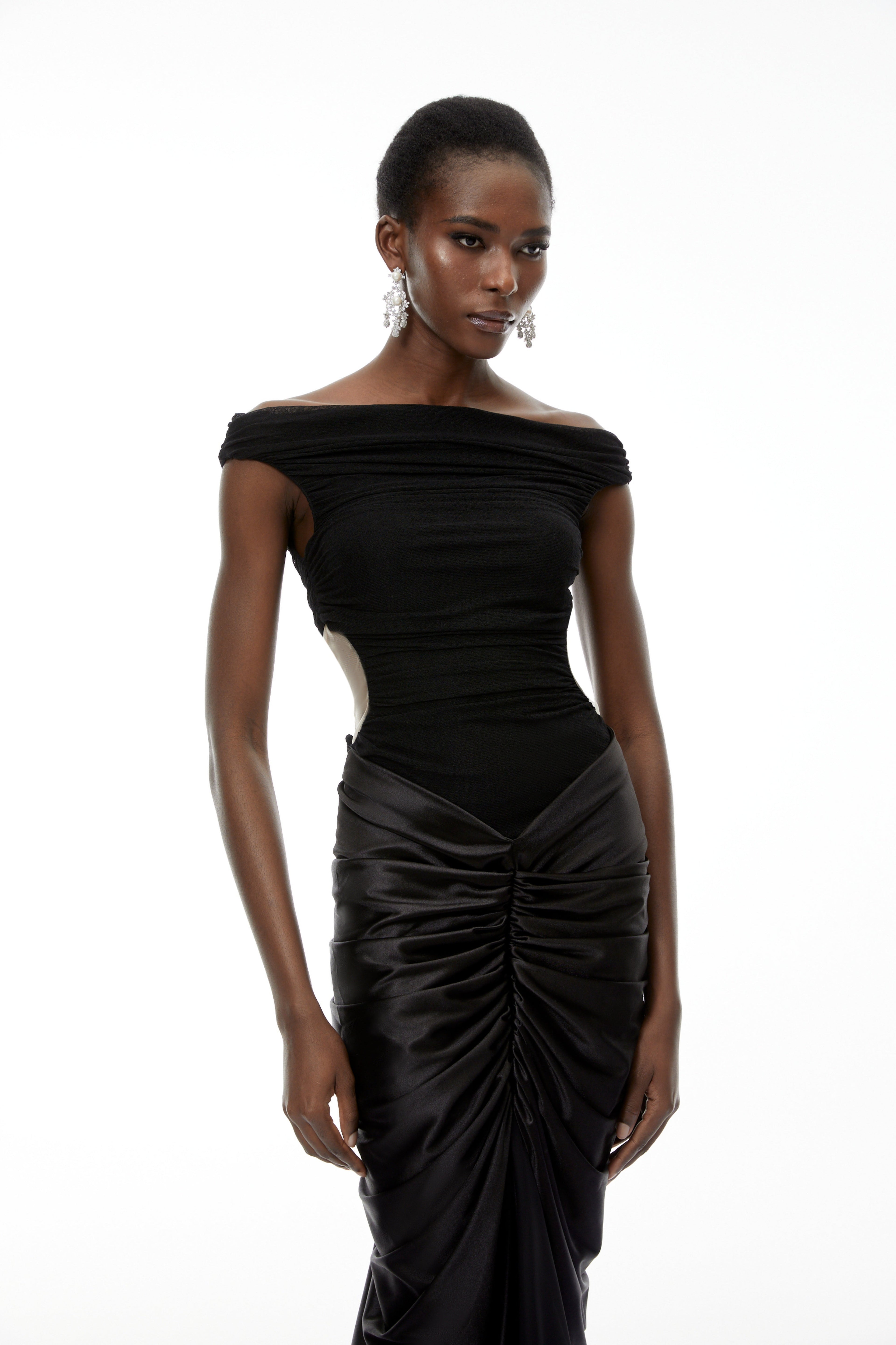 Eden Black Off-Shoulder Ruched Maxi Dress