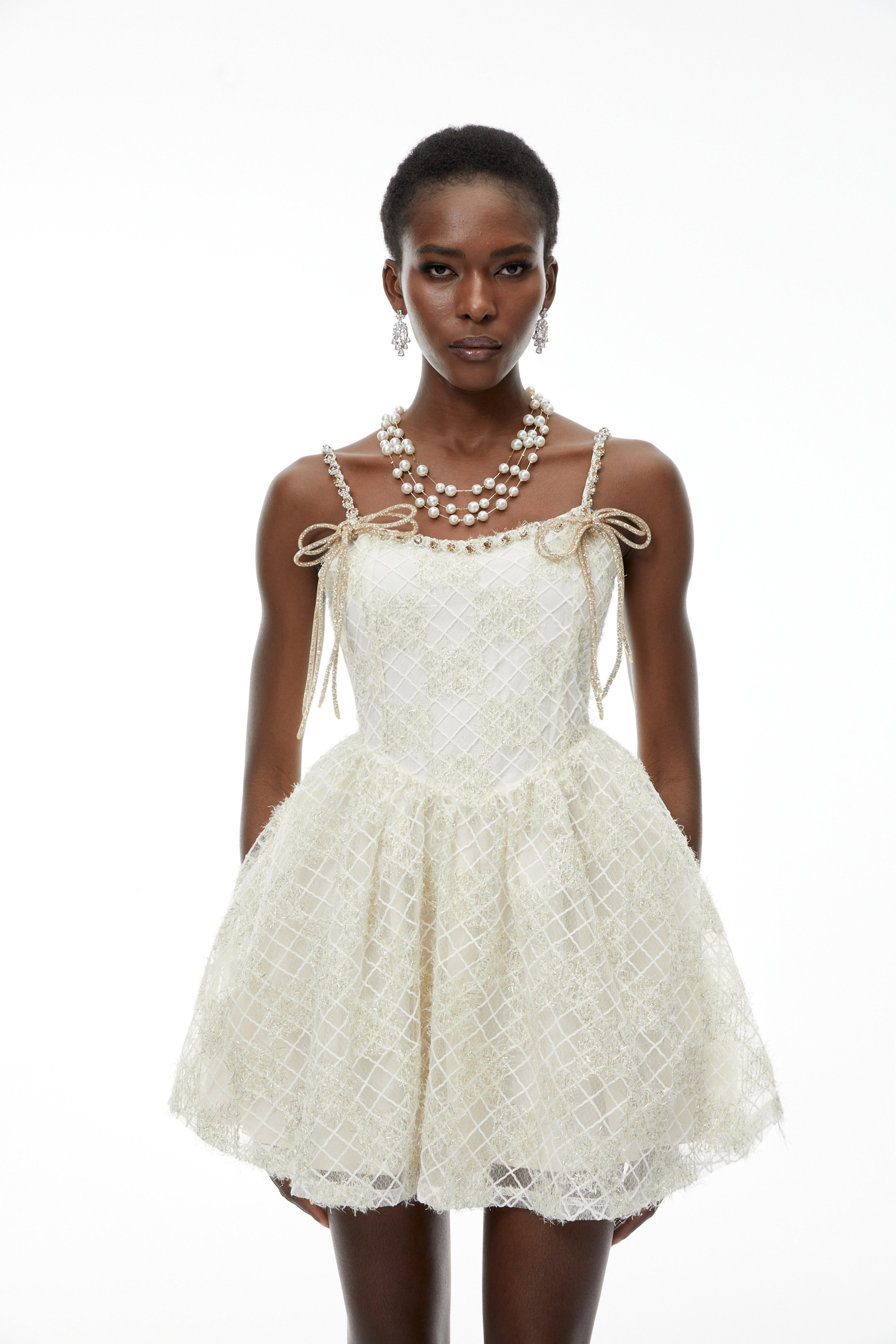 Eirlys Champagne Tulle Mini Dress with Bow