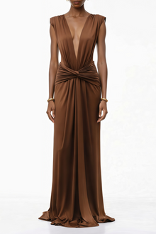 Else Brown Deep V-Neck Twisted Maxi Dress