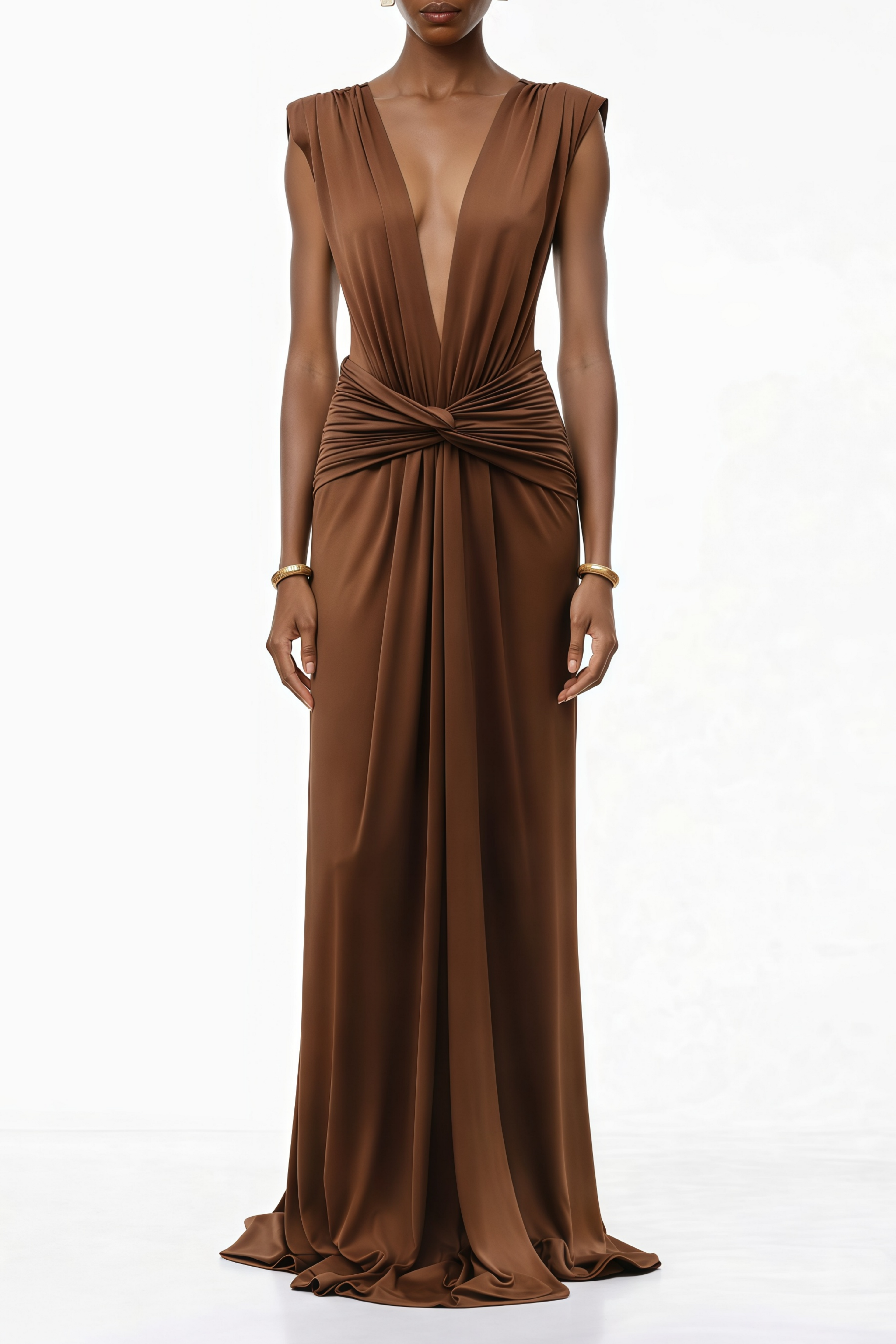 Else Brown Deep V-Neck Twisted Maxi Dress