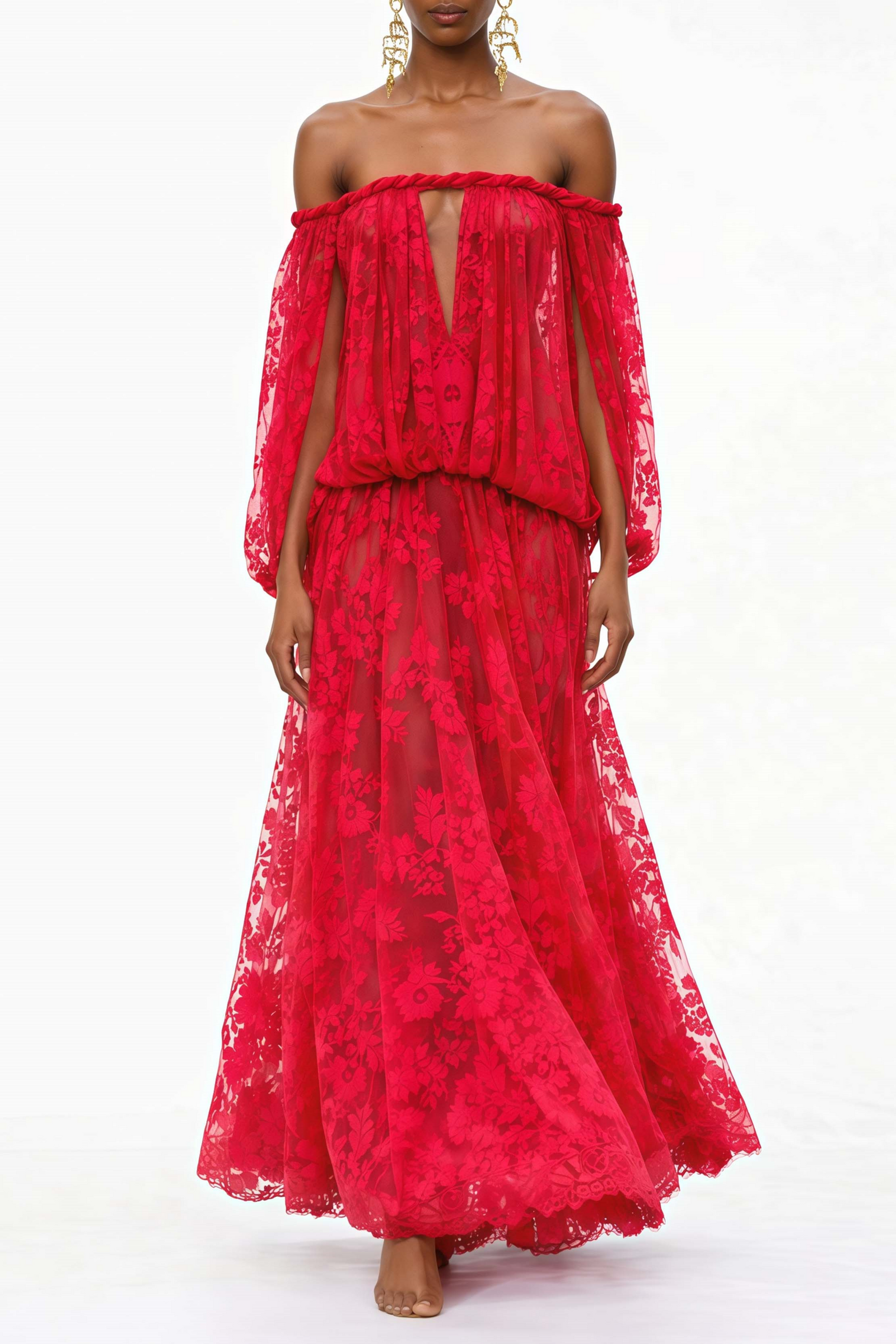 Fabienne Red Floral Appliqué Maxi Dress