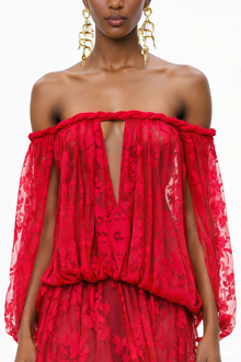Fabienne Red Floral Appliqué Maxi Dress