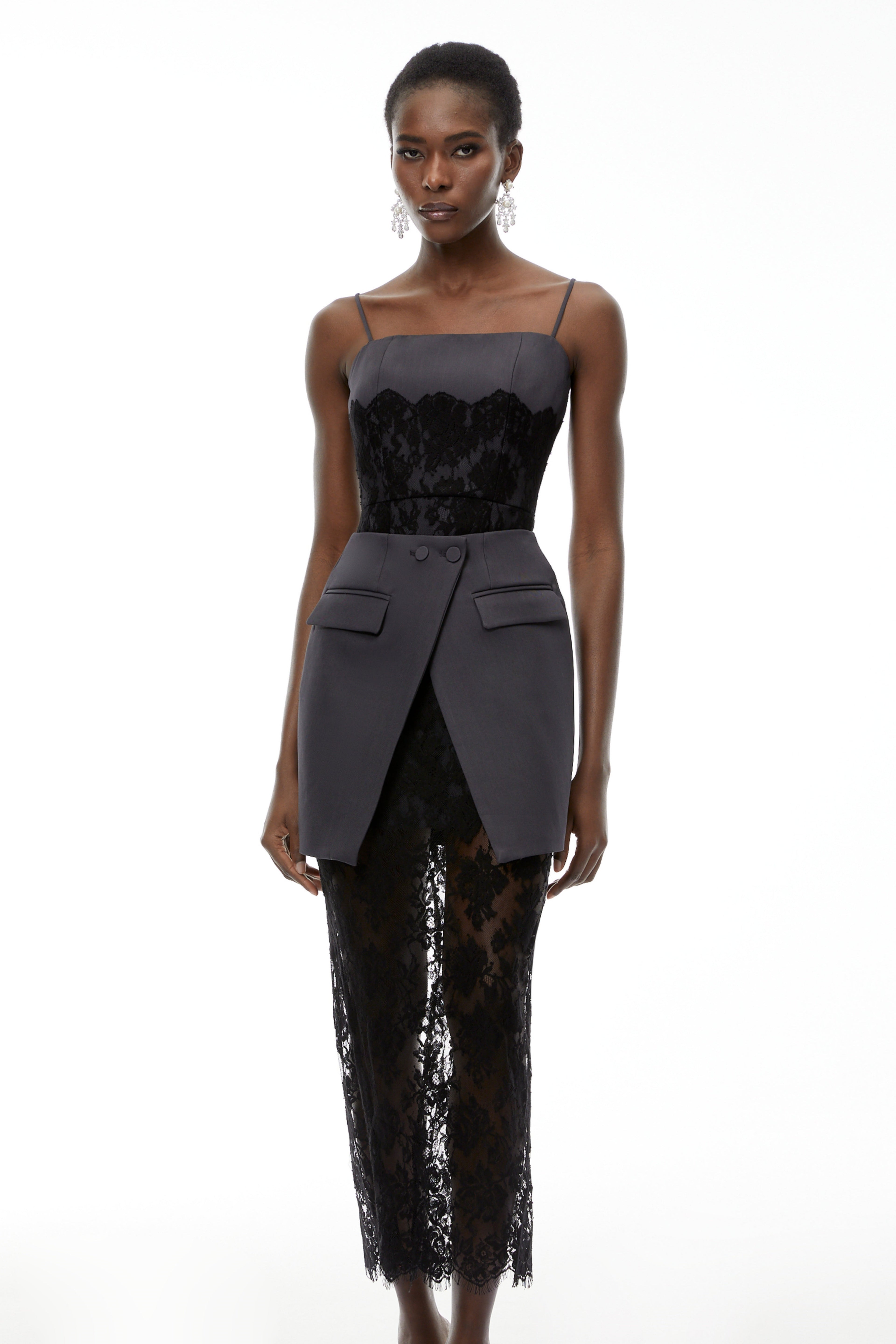 Fiona Grey Lace Panel Asymmetrical Maxi Dress