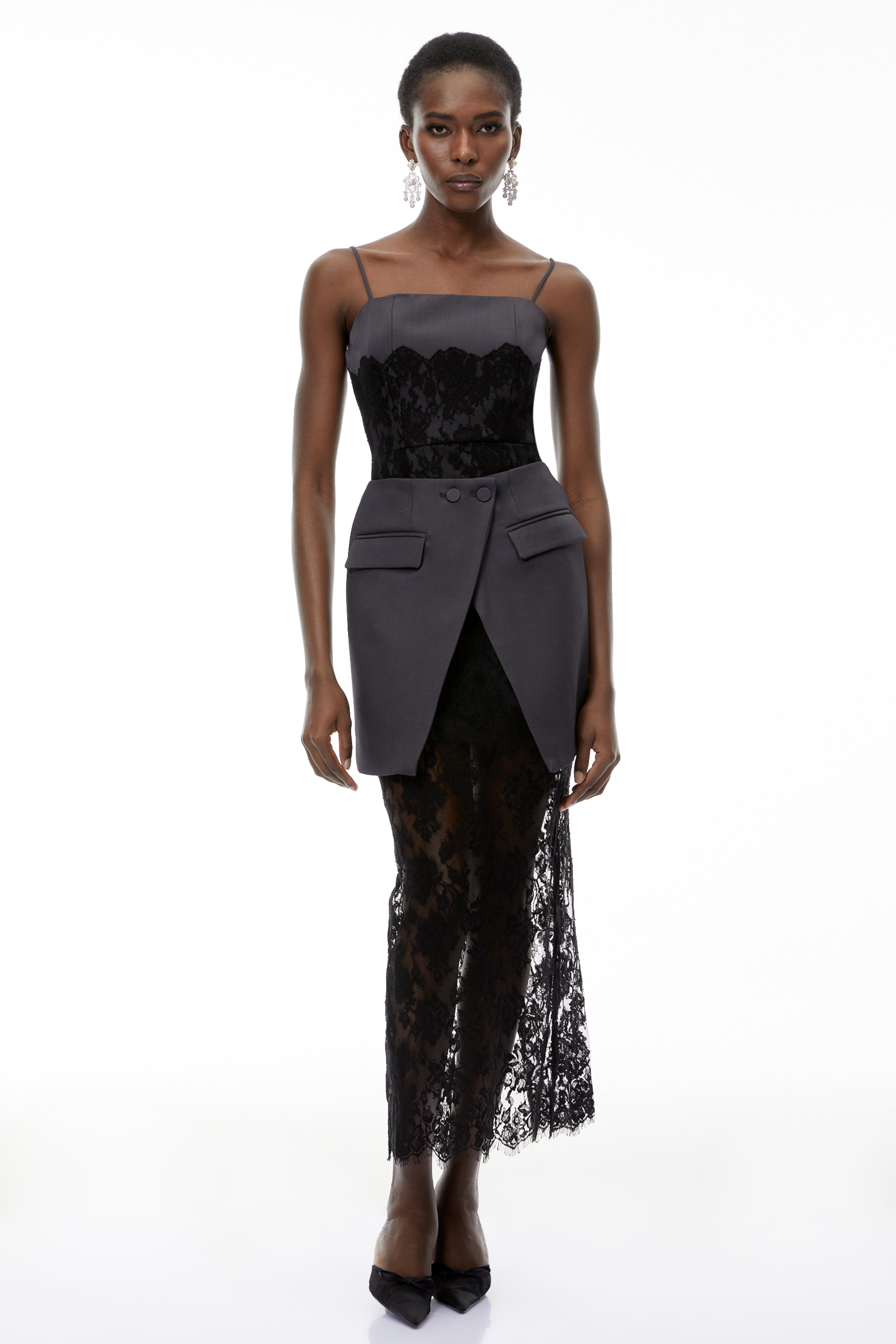 Fiona Grey Lace Panel Asymmetrical Maxi Dress