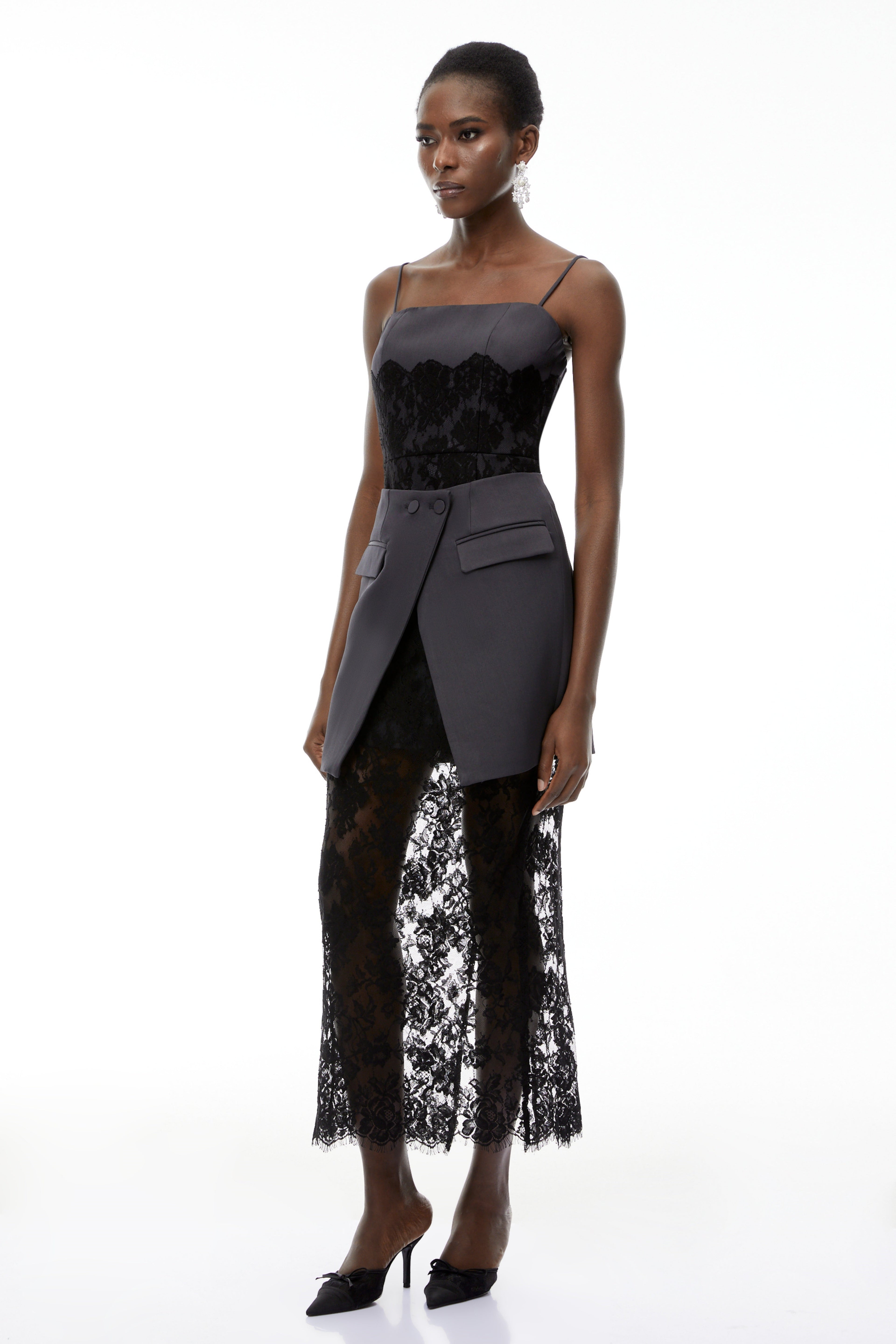 Fiona Grey Lace Panel Asymmetrical Maxi Dress
