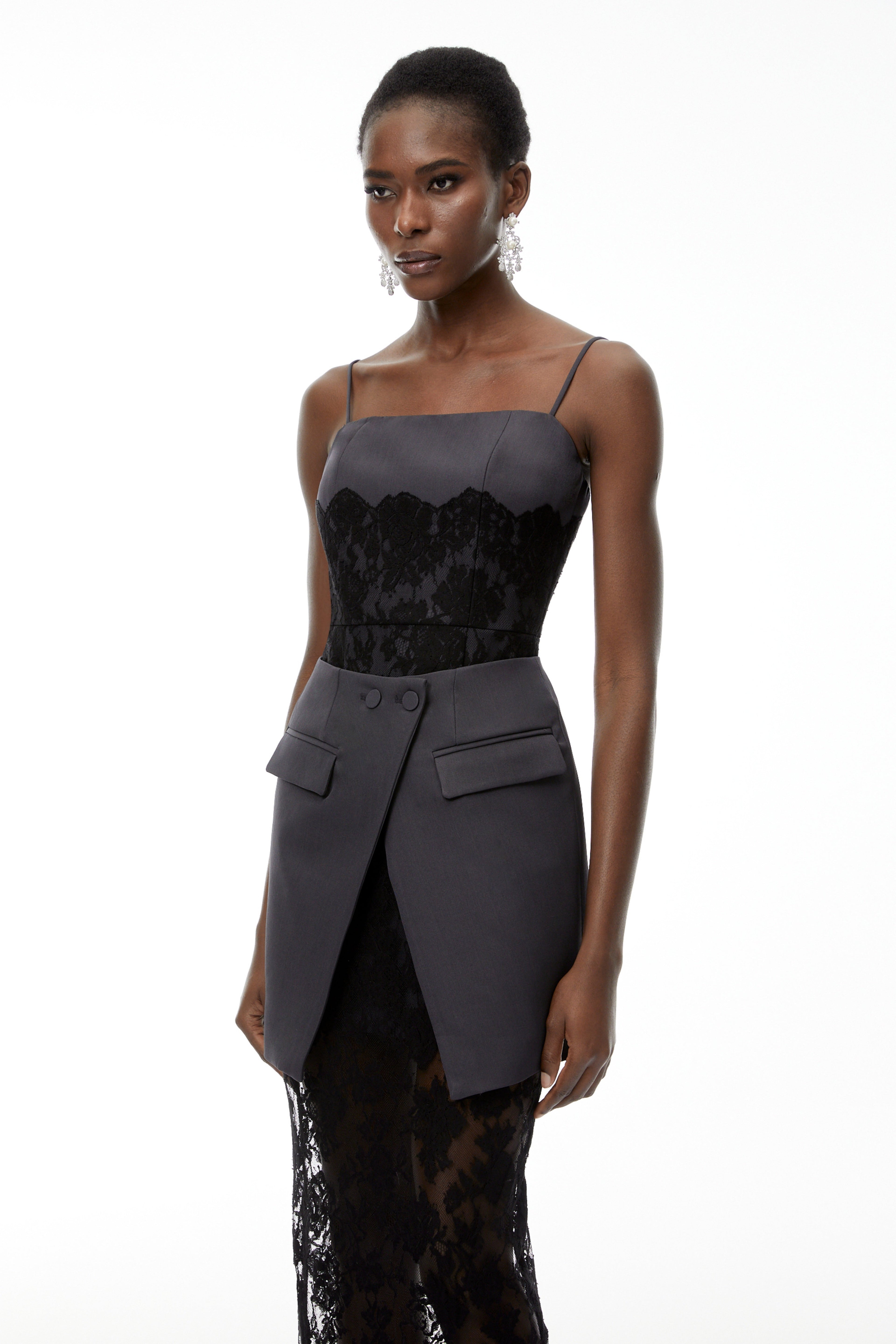 Fiona Grey Lace Panel Asymmetrical Maxi Dress