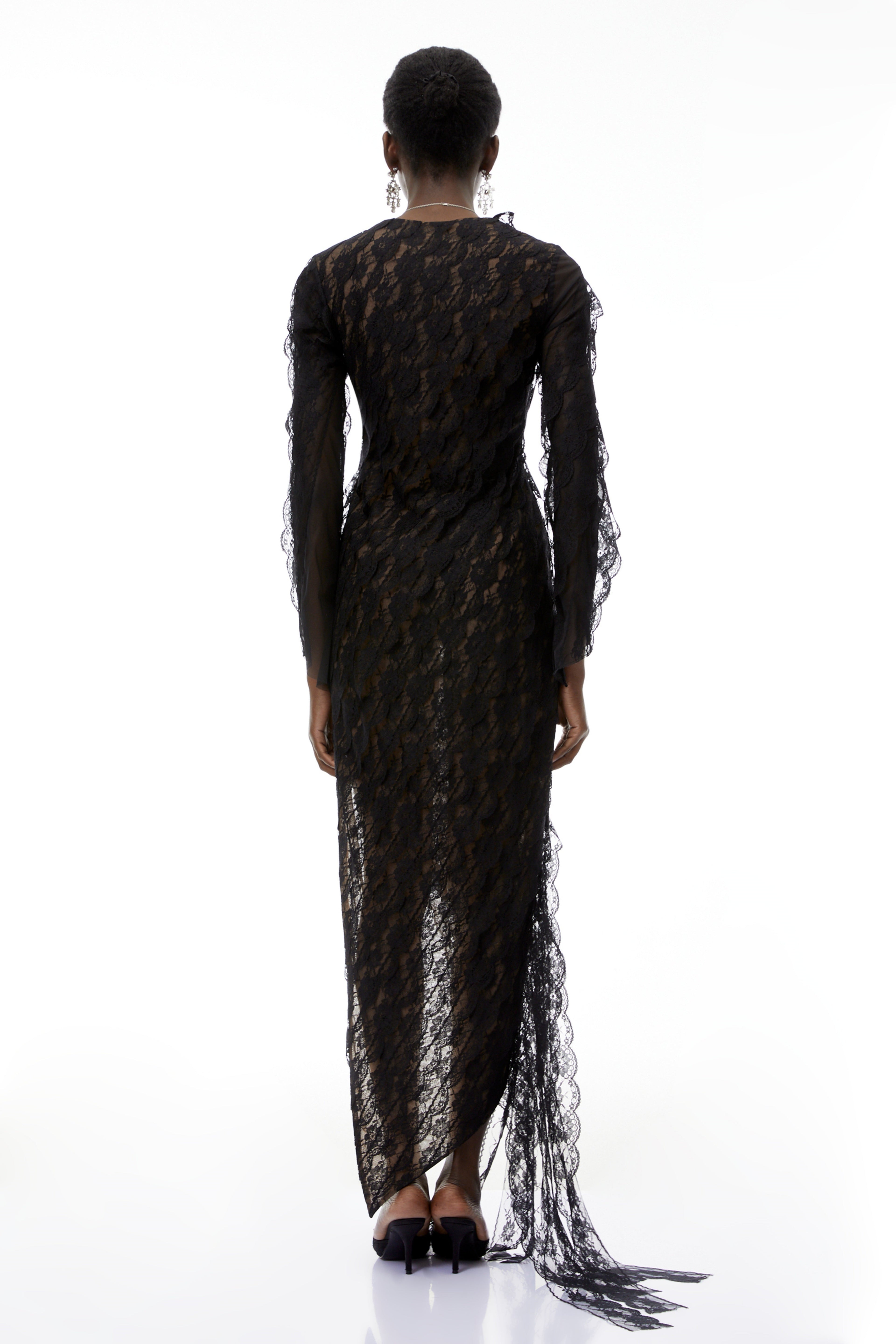 Gemma Black Floral Lace Asymmetrical Maxi Dress