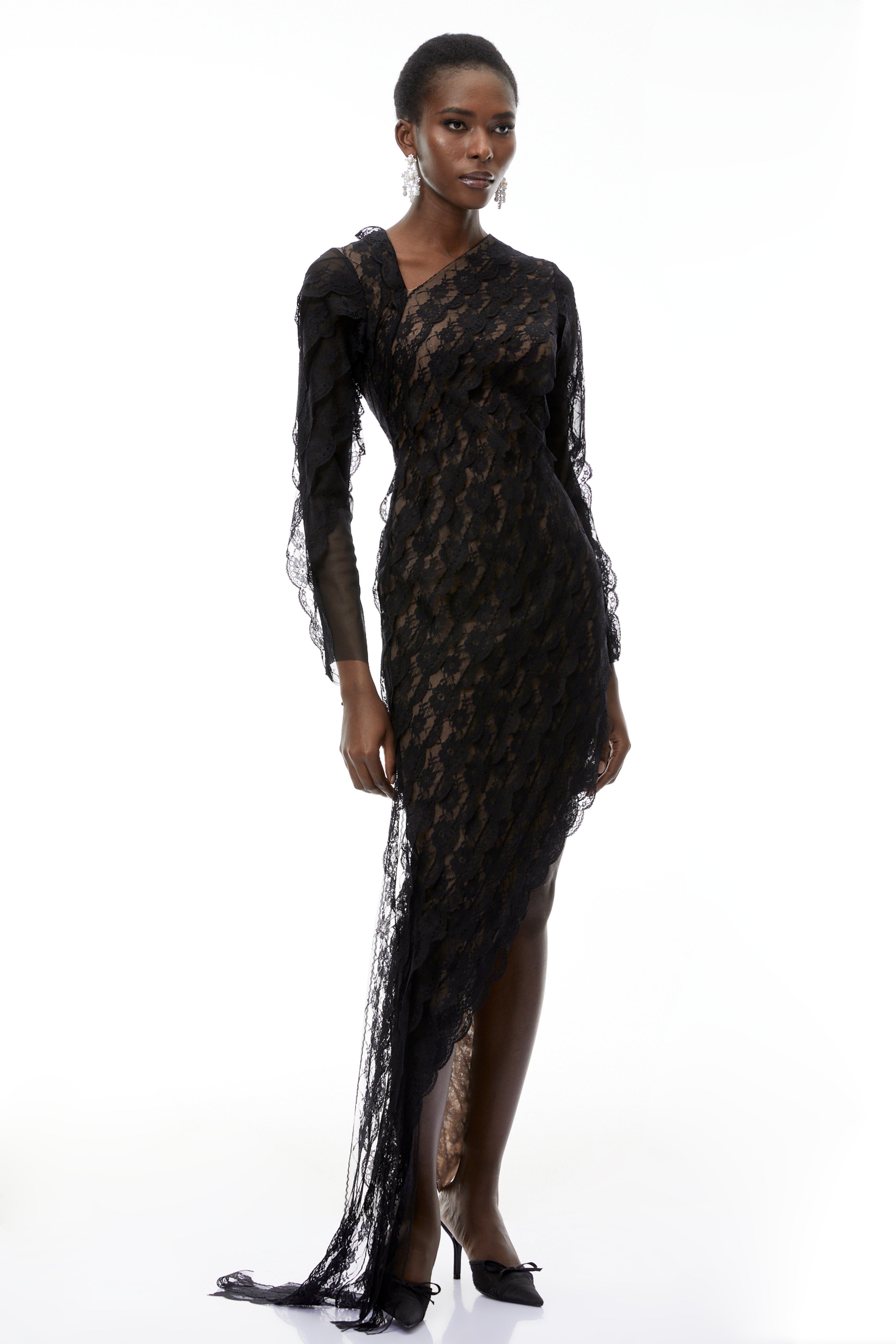 Gemma Black Floral Lace Asymmetrical Maxi Dress