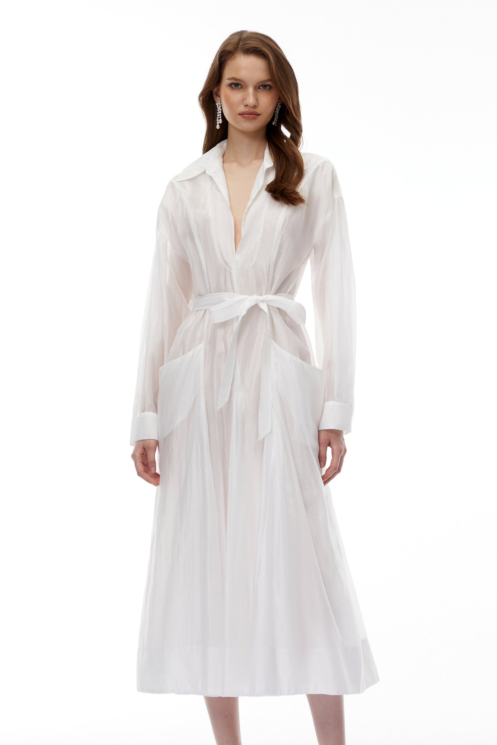 Hortensia White Plunge Neck Flared Maxi Dress