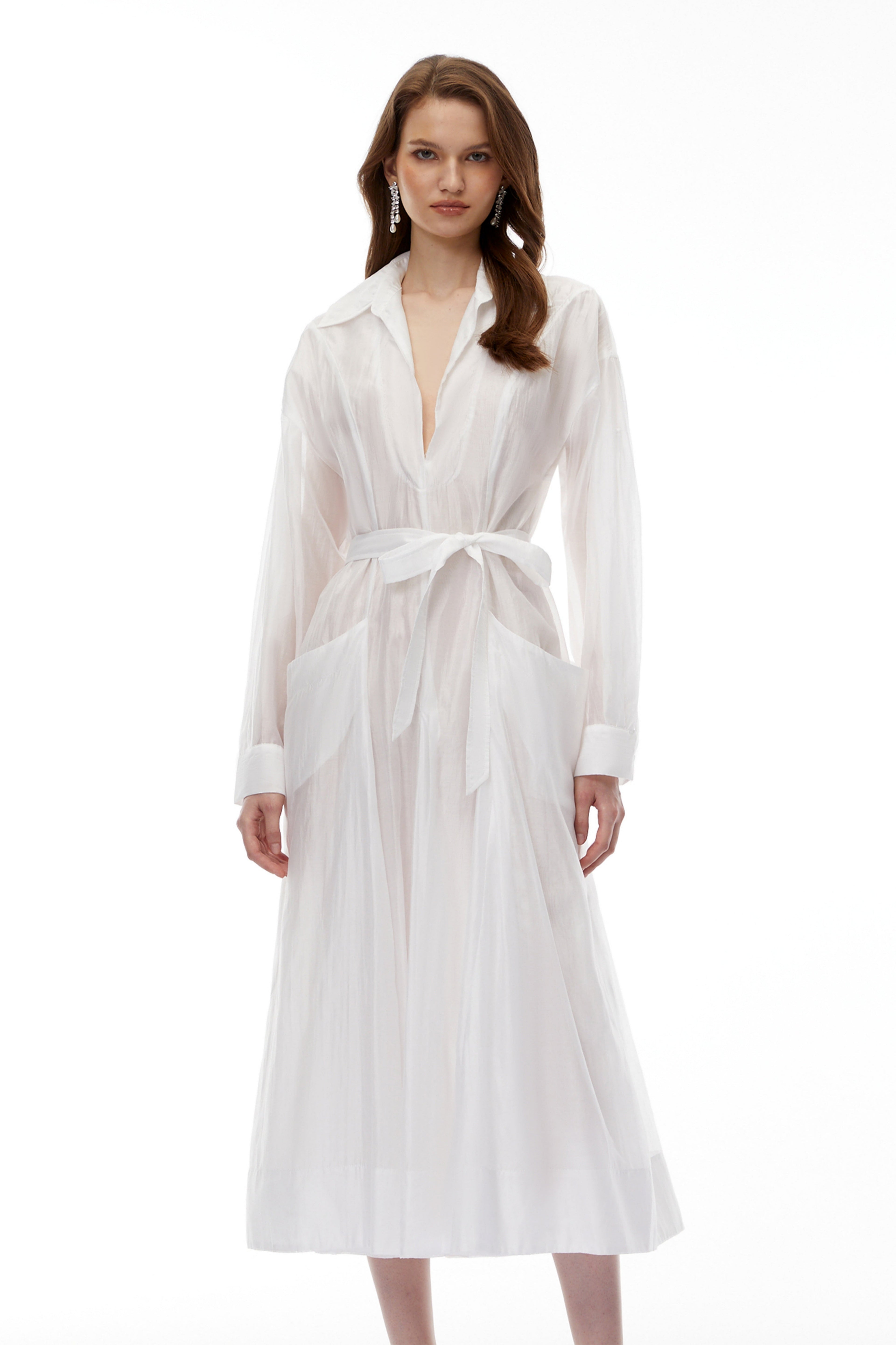 Hortensia White Plunge Neck Flared Maxi Dress