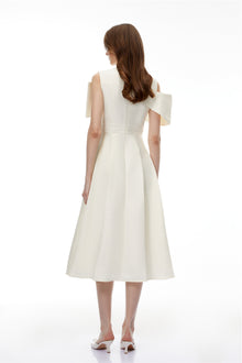 Juniper Champagne V-Neck Satin Midi Dress with Bow Detail