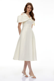 Juniper Champagne V-Neck Satin Midi Dress with Bow Detail
