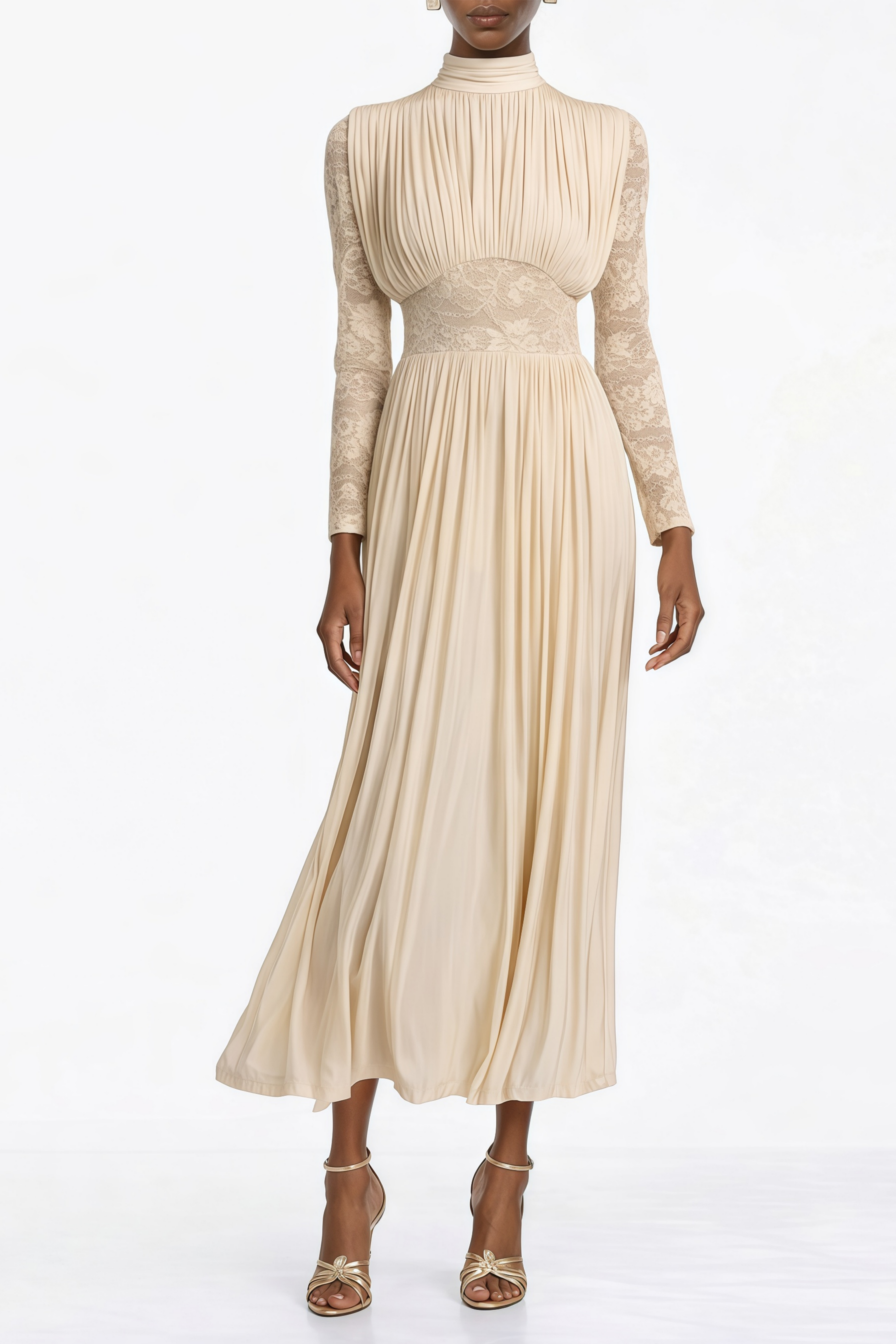 Karine Neutral Lace Panel Ruched Maxi Dress