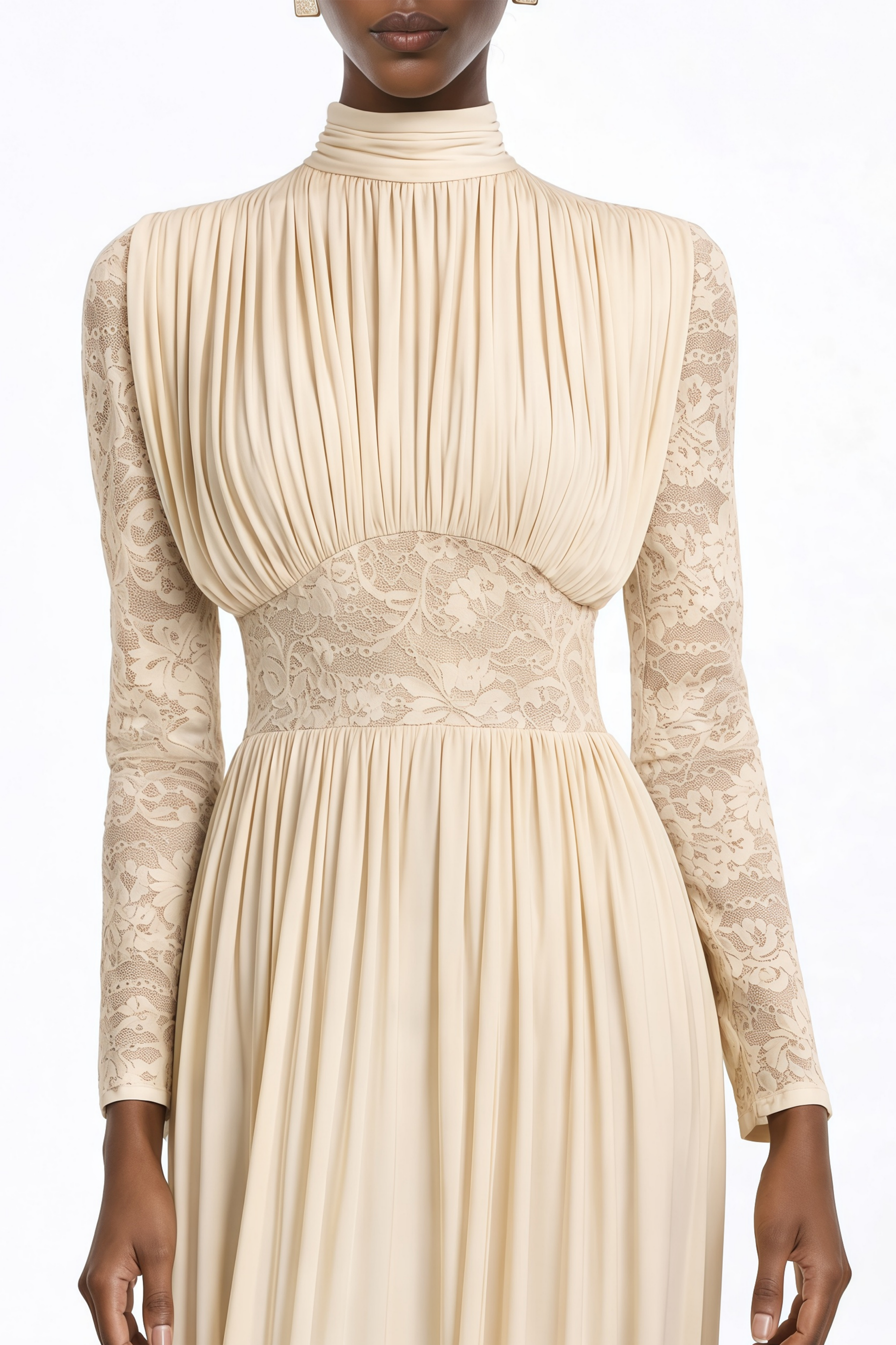Karine Neutral Lace Panel Ruched Maxi Dress