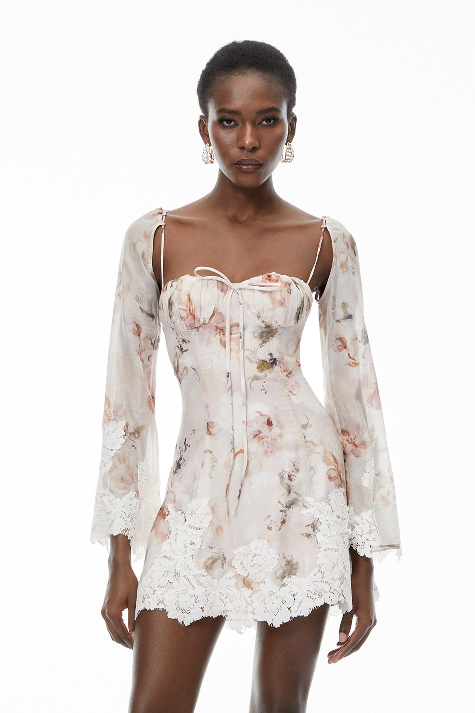 Lourdes Pink Floral Print Mini Dress with Lace Trim