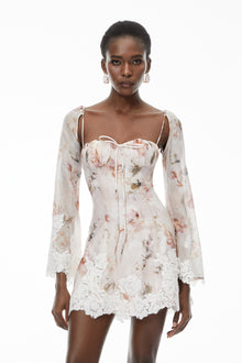 Lourdes Pink Floral Print Mini Dress with Lace Trim