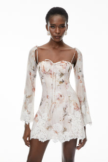 Lourdes Pink Floral Print Mini Dress with Lace Trim