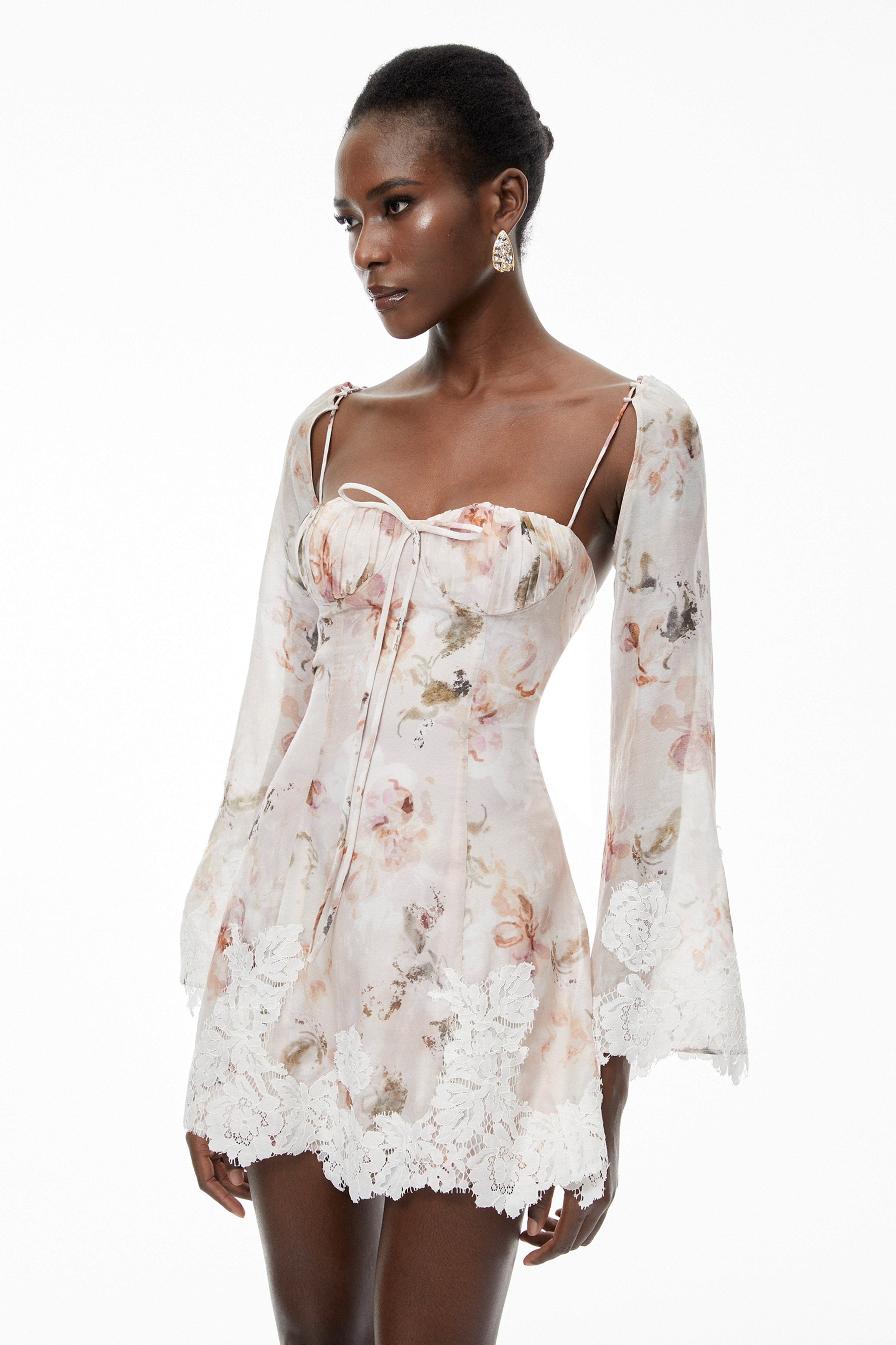 Lourdes Pink Floral Print Mini Dress with Lace Trim