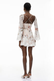 Lourdes Pink Floral Print Mini Dress with Lace Trim