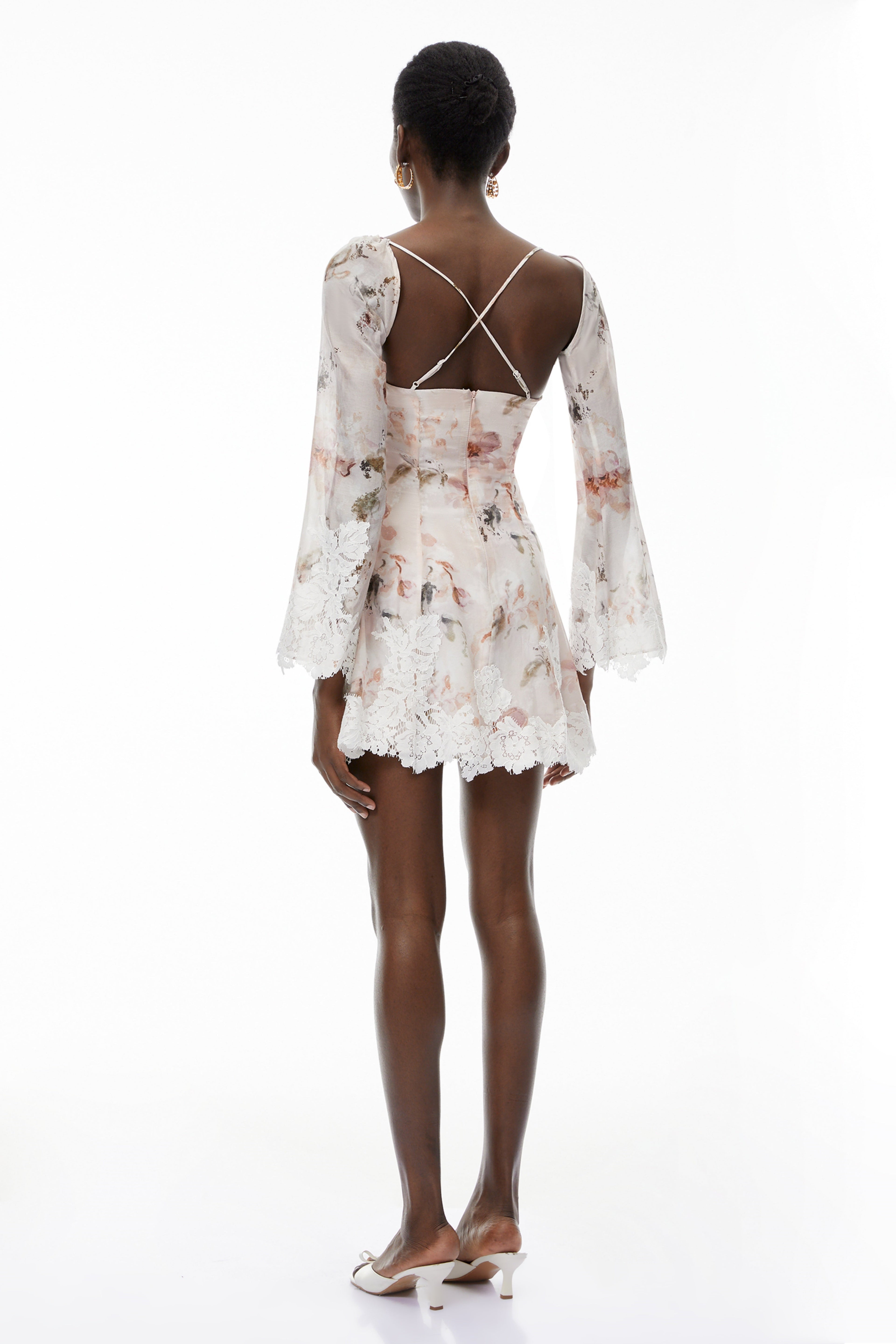 Lourdes Pink Floral Print Mini Dress with Lace Trim